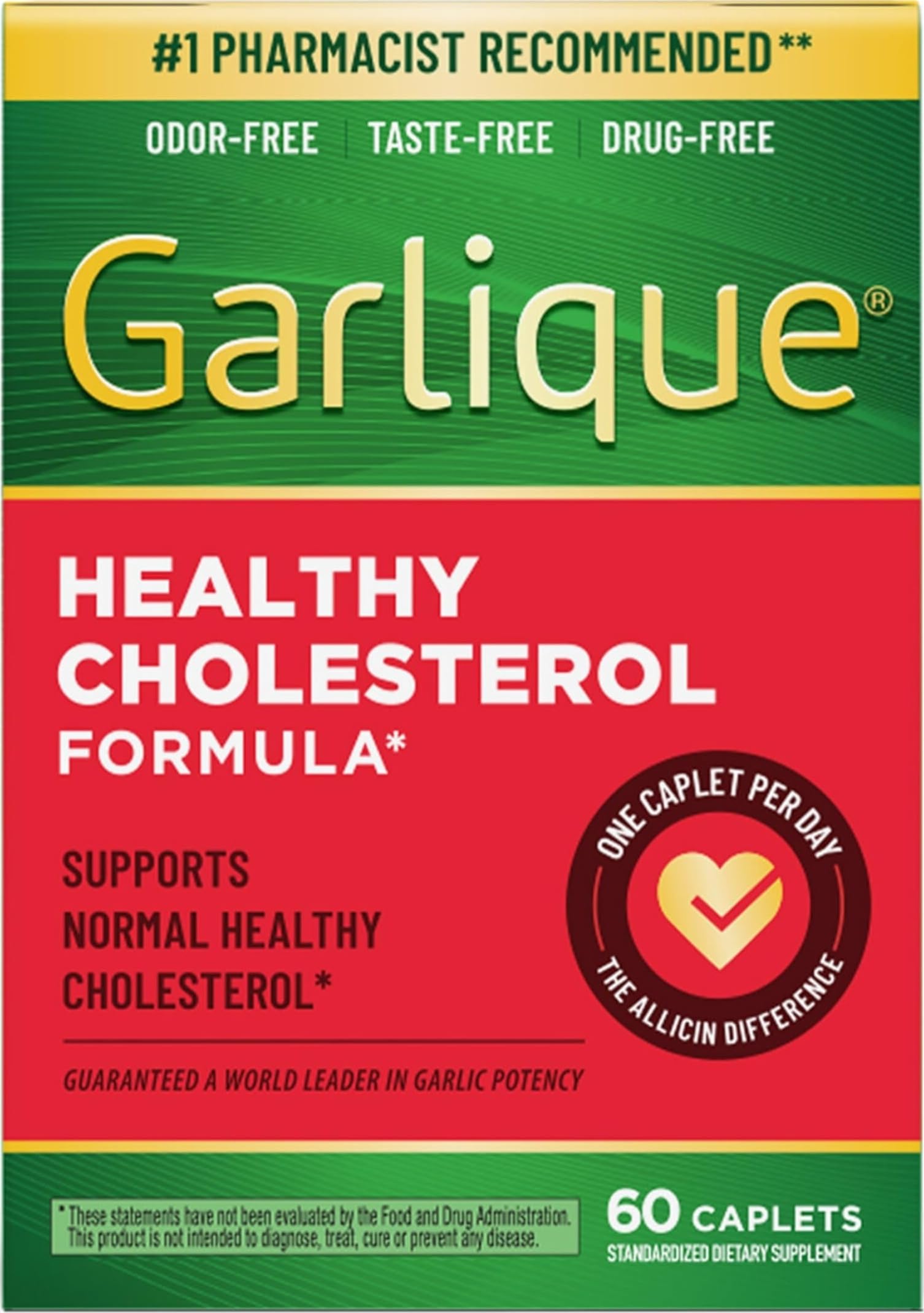 Garlique Garlic Extract Supplement, Healthy Cholesterol Formula, Odorless & Vegan, 60 Caplets