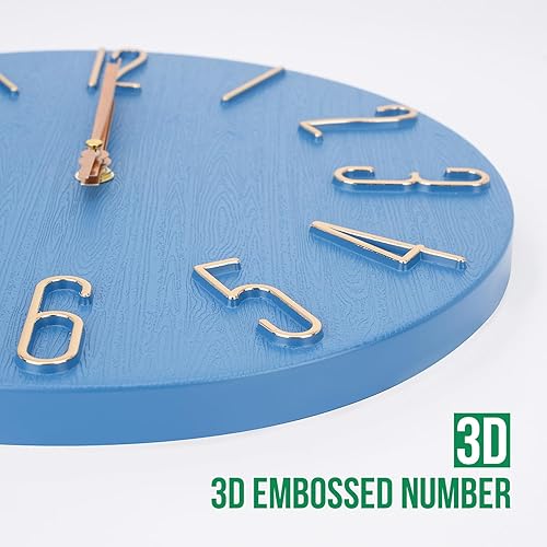 Miniatura 6 de Reloj de pared de 12 pulgadas, silencioso, sin tictac, imitación de madera, reloj redondo azul decorativo, figuras 3D modernas, reloj de cuarzo