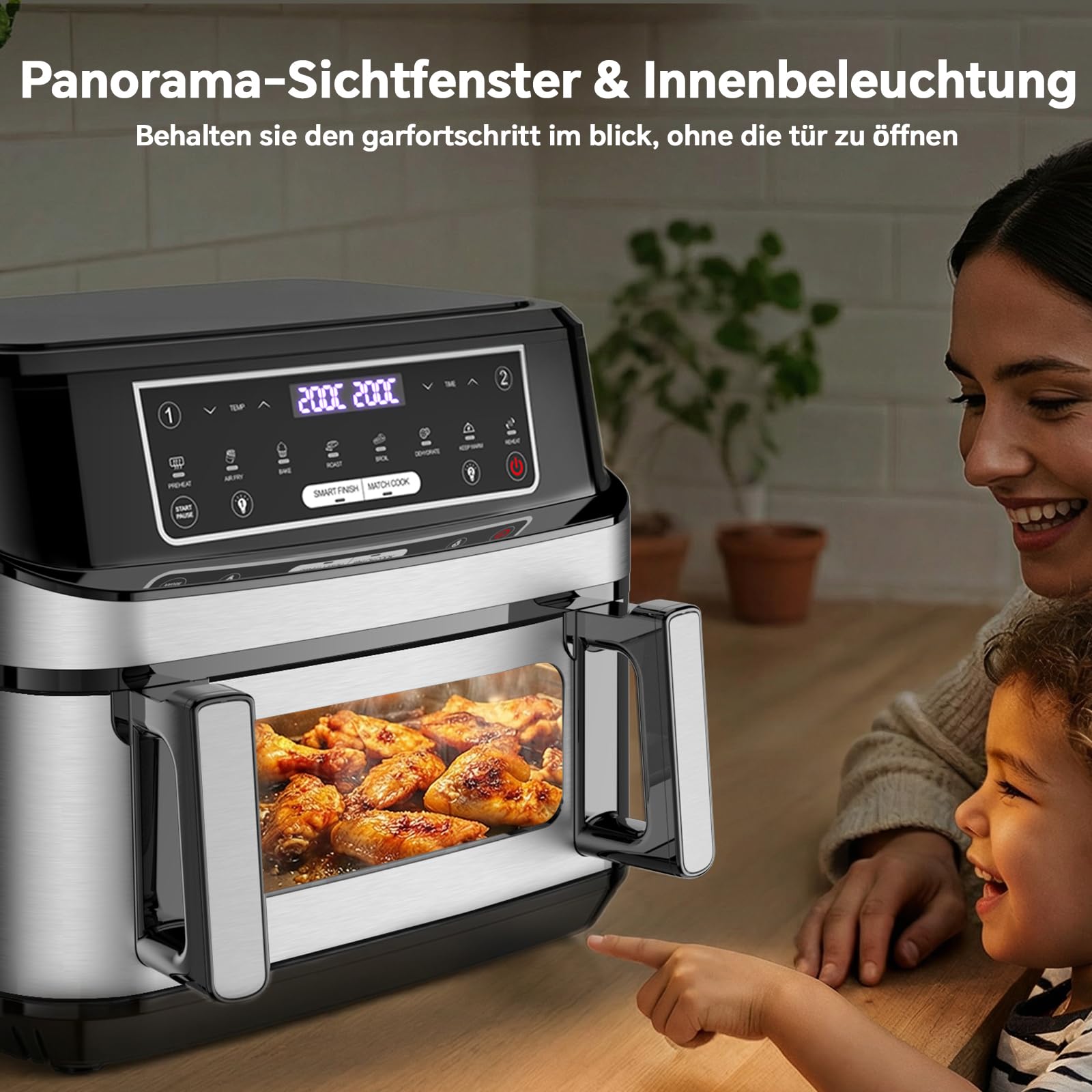 Heißluftfritteuse 12L | Air Fryer XXL Variabel für Einzel und Zweikammer, 2600W Doppel-Heizelement Separate Temper mit Sichtfenster und Innenlicht, Airfryer Doppelkammer 8-in-1 Touch-Steuerung Rezept