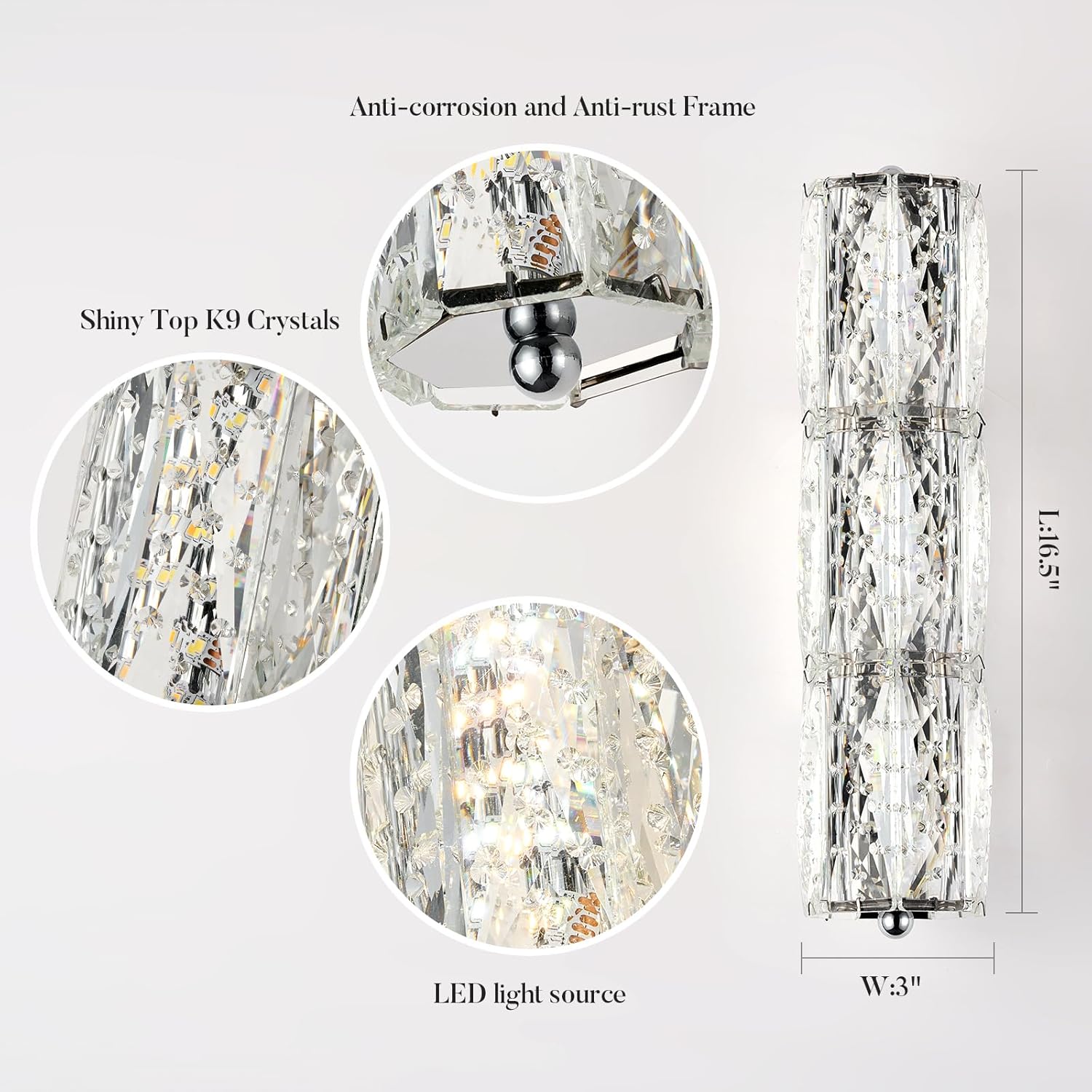 Crystal Wall Sconces, Modern LED Chrome Wall Light 12" Elegant Vanity Wall Lighting for Living Room Bedroom Bathroom Hallway Doorway Stairway 3 Colors Incluled Bulbs