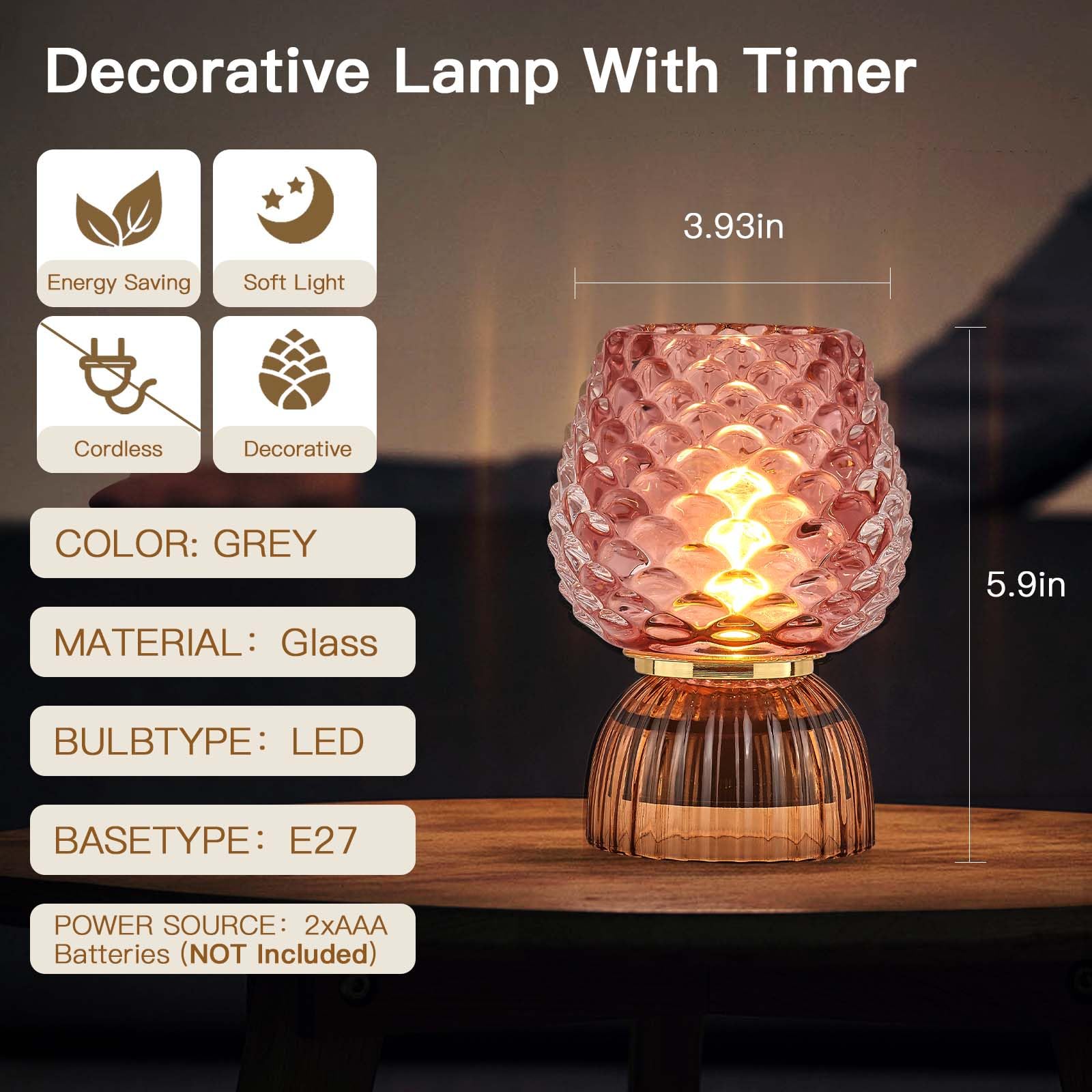 Lámpara a pilas con temporizador, pequeña lámpara de mesa de cristal inalámbrica para decoración del hogar, dormitorio, luz ambiental, regalo de vacaciones, hongo, pincone, rosa 2