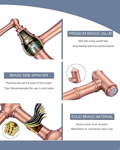 Miniatura 4 de WOWOW - Grifo de cocina de puente con rociador lateral, grifo de cocina de latón macizo para fregadero de cocina de 4 agujeros, grifo de fregadero