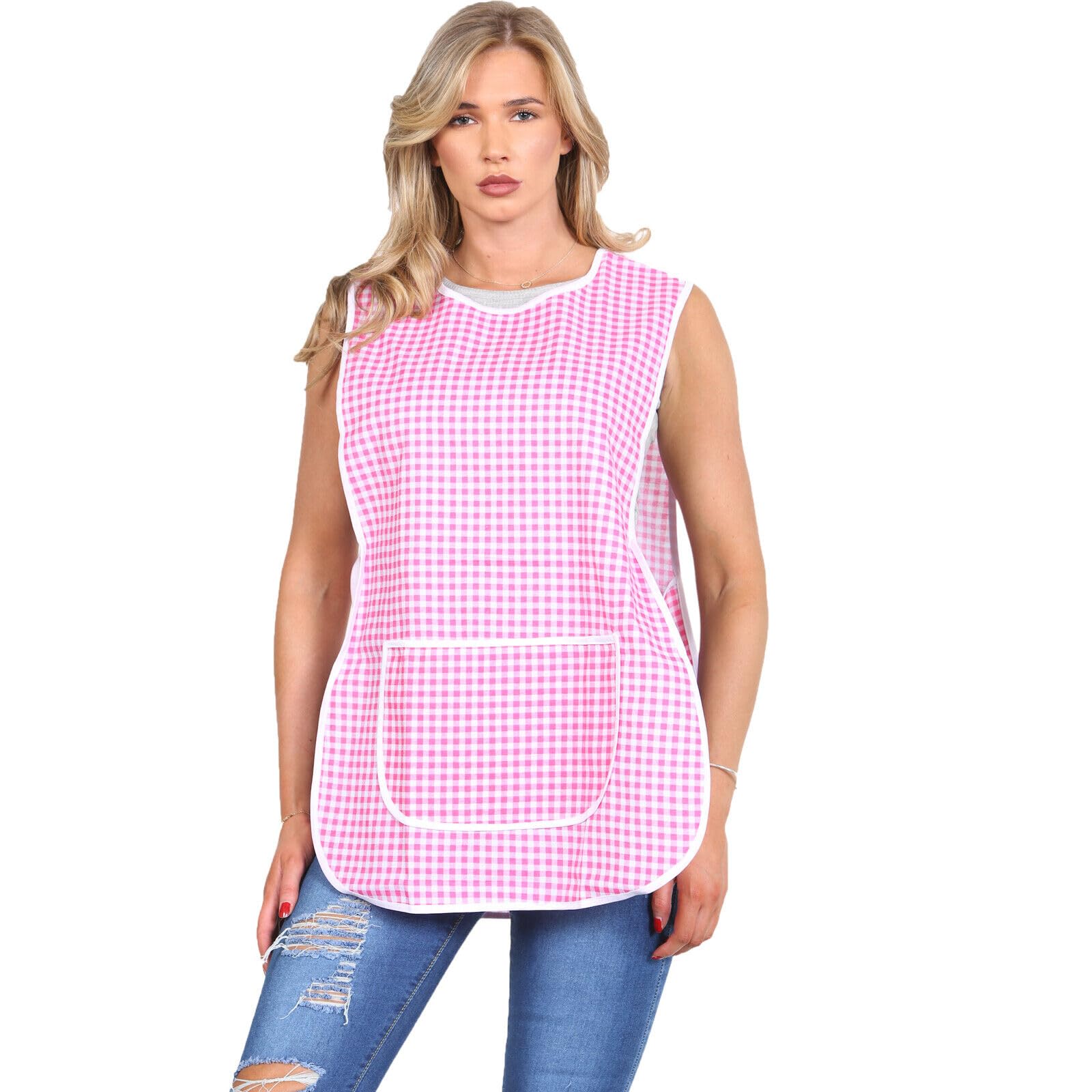 MyShoeStore Tabard Apron with Checkered Pattern and Large Centre Pocket, Button Fastening for Kitchen Cleaning and Catering, Cotton Blend, Pink, XX-Large/XXOS