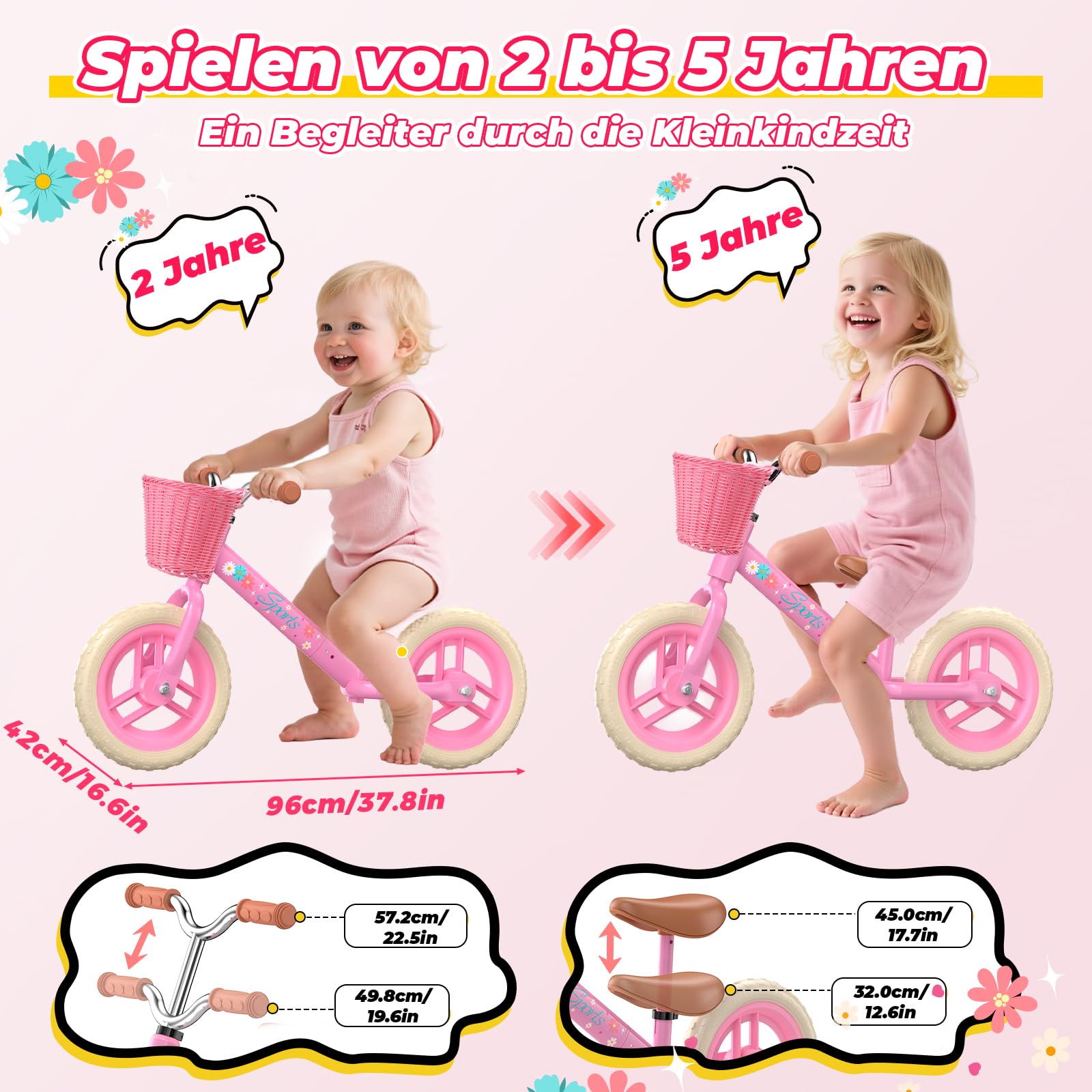 HappyGoLucky Laufrad Ab 2-5 Jahre, Kinder Lauflernrad – Leuchträder/Höhenverstellbar/Geflochtener Korb, Spielzeug Geschenk 2-5 Jahre Mädchen Outdoor Kinderspielzeug