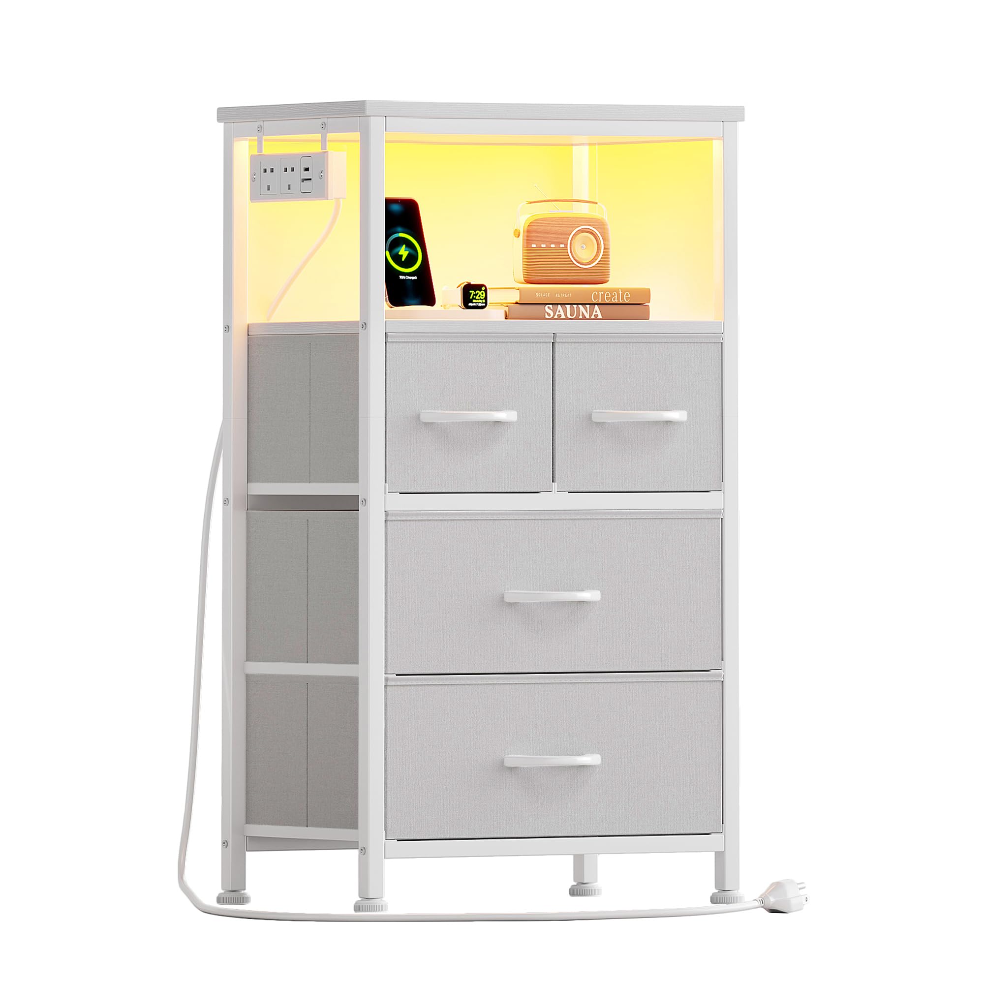 Flrrtenv Bedside Table with Charging Station, 4 Drawers Fabric Chest of Drawers for Bedroom, LED Night Stand with Storage Shelf, End Table with 2 AC Outlets & USB Ports for Bedroom, Dorm, White