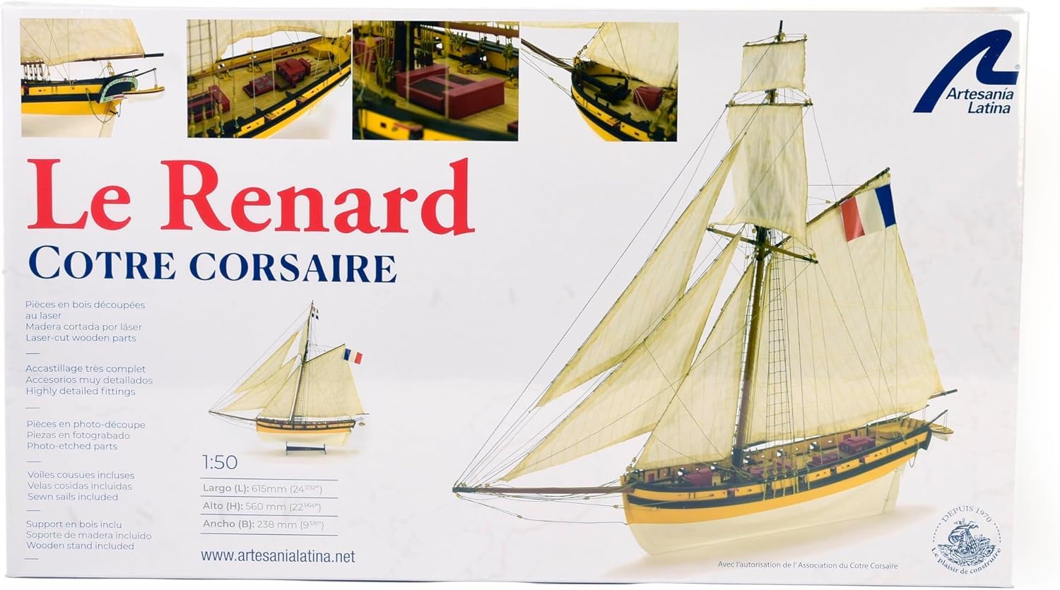 Artesanía Latina - Modellino di Nave in Legno - Cutter Corsaro Francese, Le Renard - Modello 22401, Scala 1:50 - Modellino da Assemblare - Livello Medio