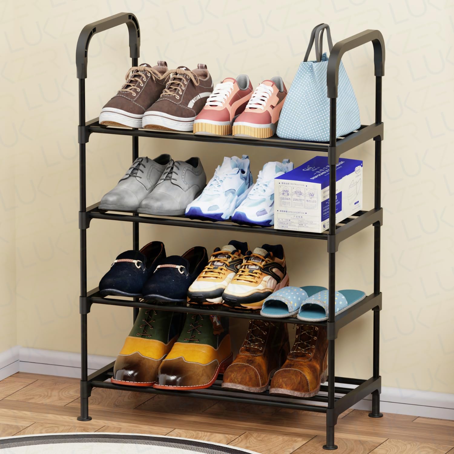 Lukzer4-Layer Shoe Rack | Sturdy Plastic & Metal Free-Standing Shoe Organizer | Space-Saving Entryway & Closet Storage Rack | Stylish & Durable Shoe Stand for Home & Office – Black (83x58x28cm)
