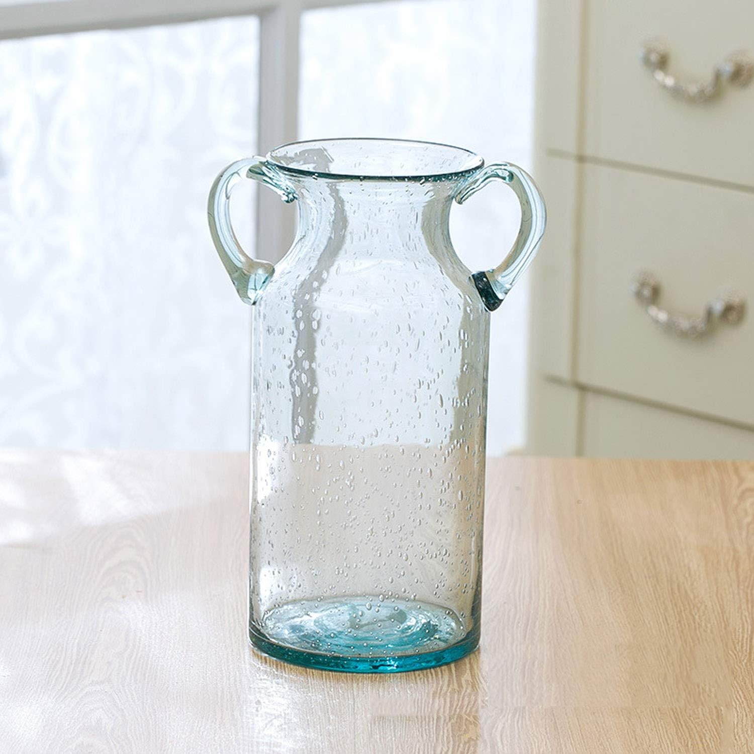 Large Clear Glass Vase with Double Ear and Decorative Handmade Filler Bubbles, (Blue, Purple, Grey, Green) Colorful Flower Vases for Decor(Blue-Large)