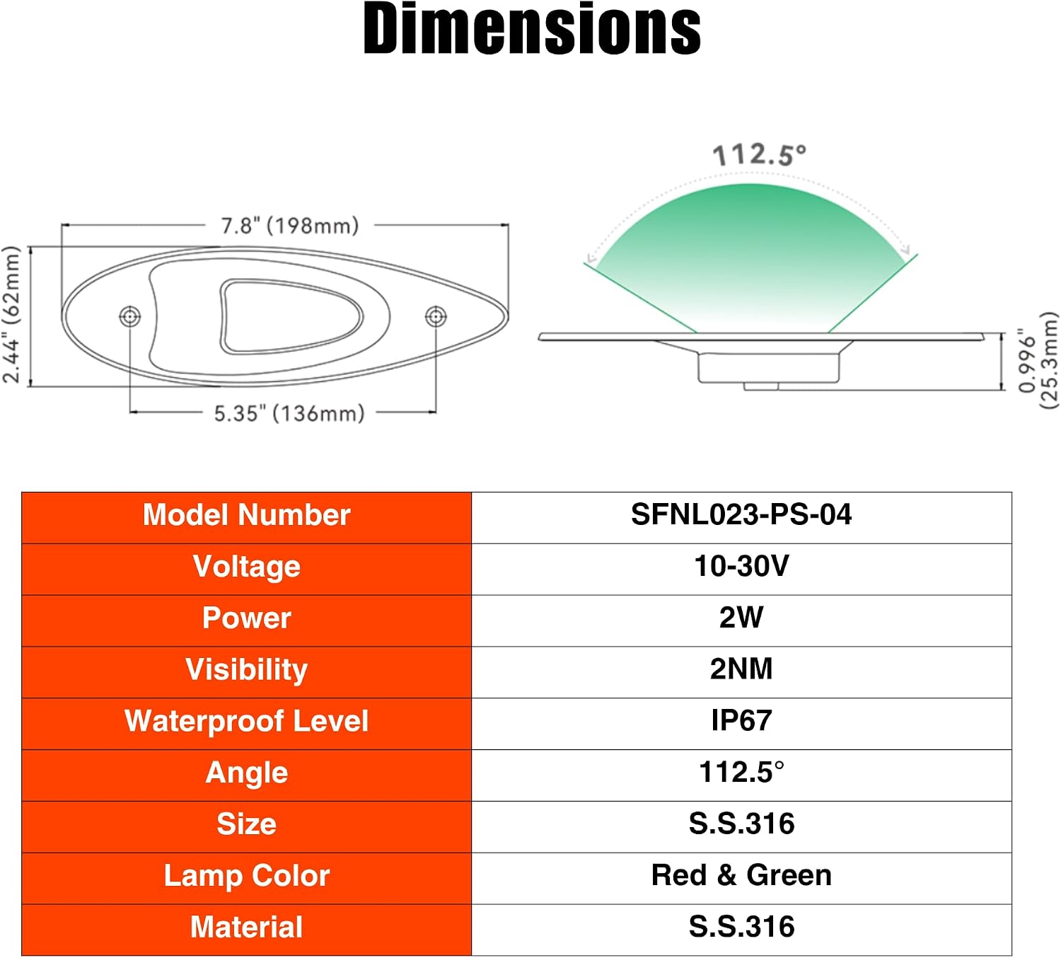 SEAFLO 04 Series Red and Green LED Navigation Bow Lights - Vertical Mount, 2NM, 10-30V, 2W, 316 Stainless Steel Housing, IP67, Marine Bow Lights for Boats Under 20M, SFNL023-PS-04, 4 Year Warranty