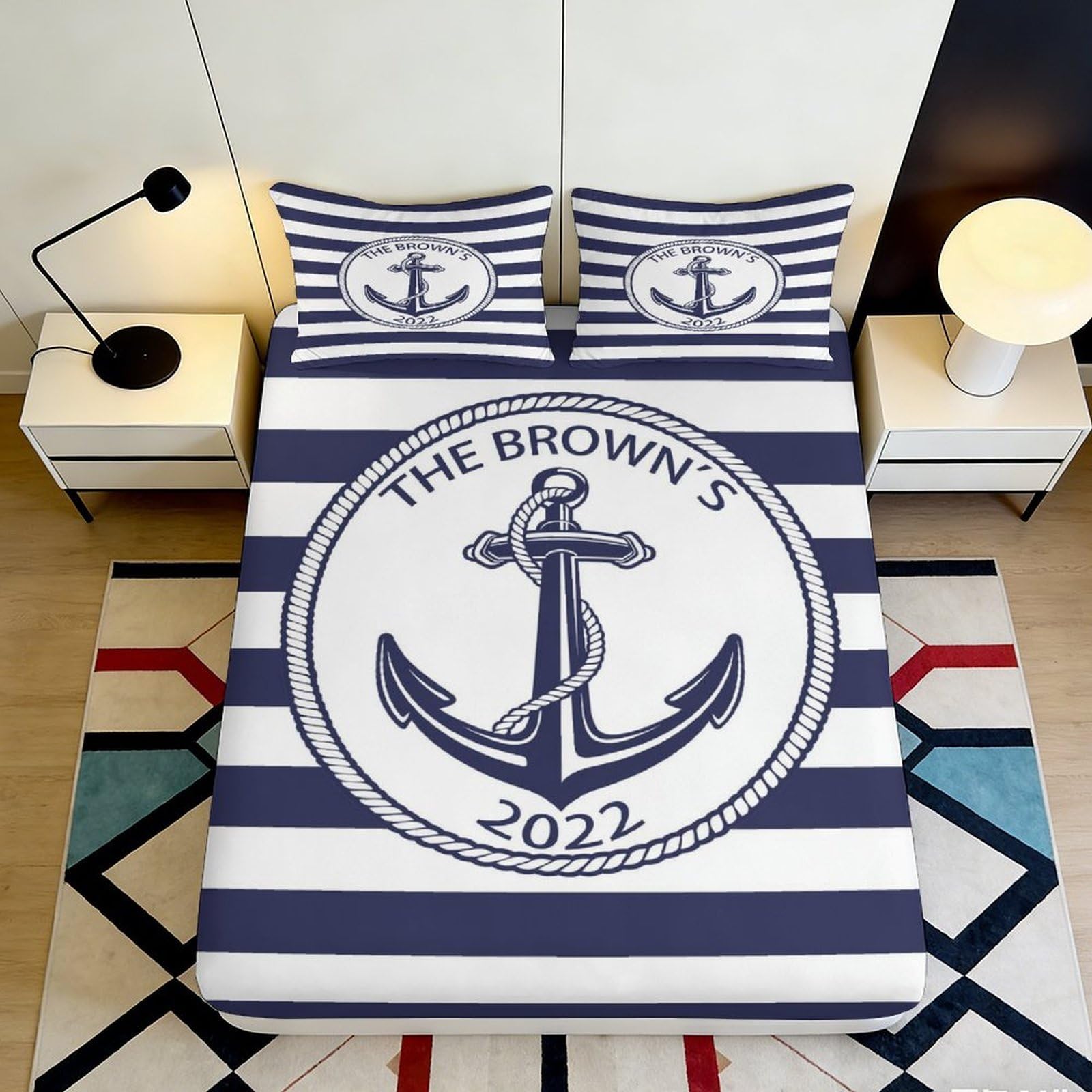 Jqzkxnhpbr Style-7 3D Printed Nautical Anchor Fitted Sheet Microfiber Navy Striped Sailor Bed Sheet For Bedroom Guest Room Decor 90X200x25cm