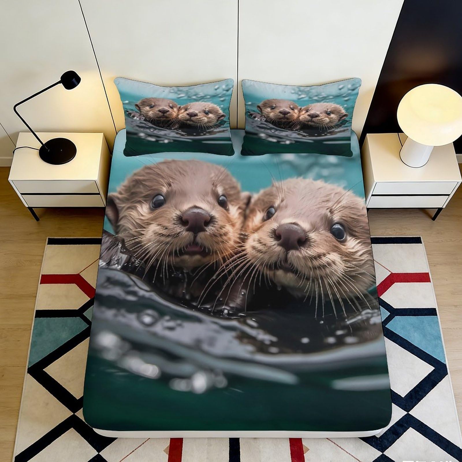 3D Printed Otter Pair Fitted Sheet Microfiber Soft Breathable Water Scene Mattress Cover for Bedroom Dorm Decor 90x200x25cm