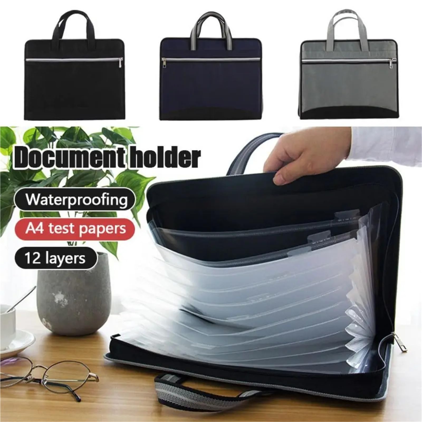 Porta Documenti Cartella di file for fisarmonica in tela | Borsa for documenti A4 con doppia cerniera, valigetta a 12 strati for uso aziendale(Grey)