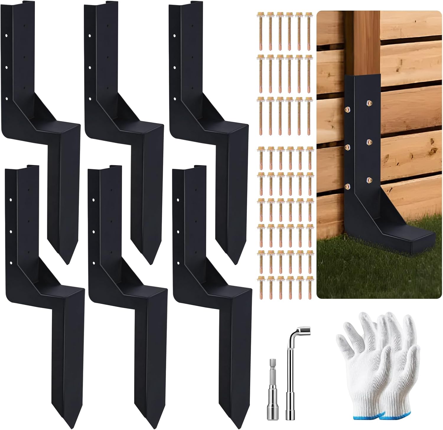 6-Pack 3.74" Width Fence Post Repair Kit, 24in Total Length Heavy Duty Ground Spike Anchor for Wooden Post Repairing Tilted/Broken Posts Metal Brackets