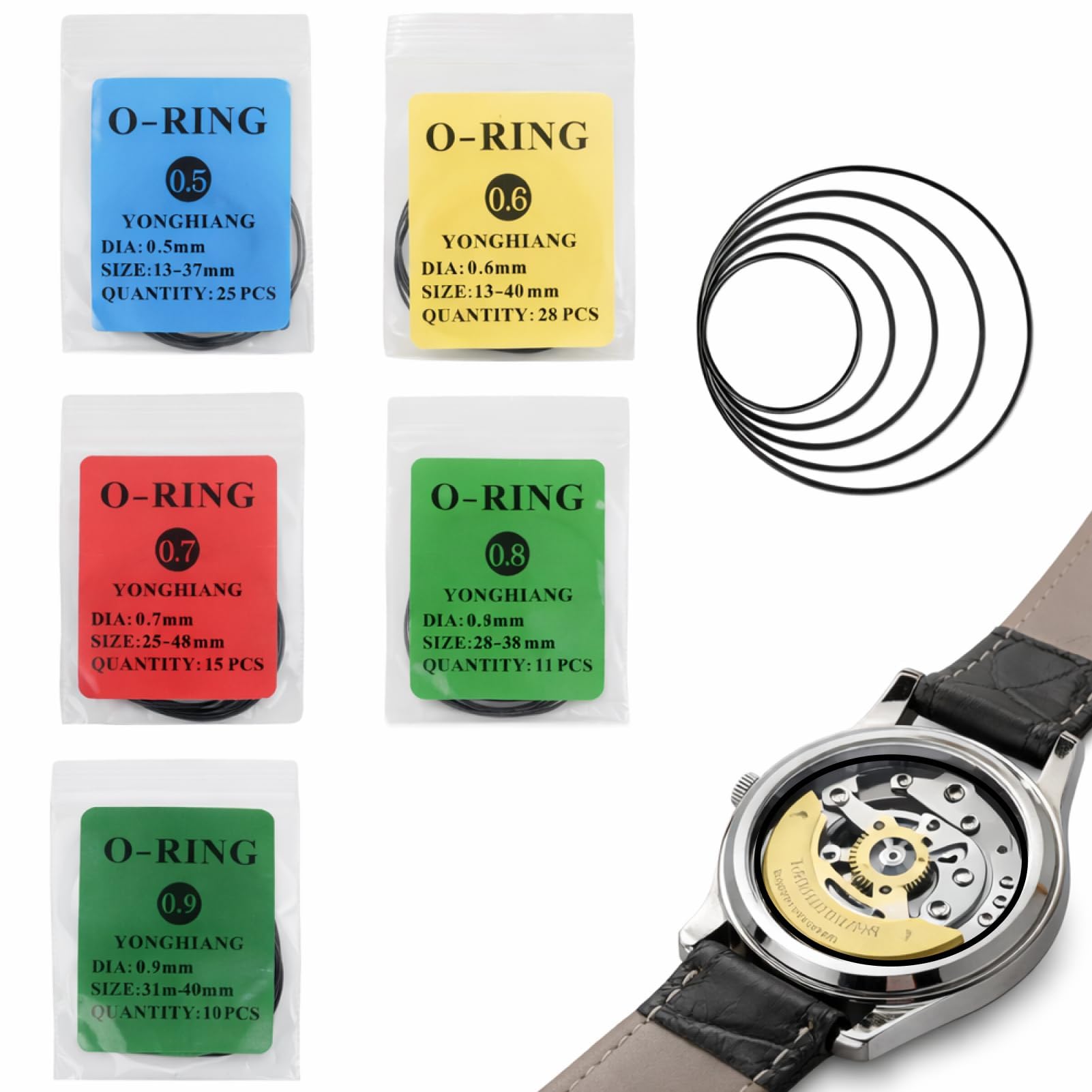 Lot de 90 Joints Toriques de Montre - Joint Montre Étanche en Caoutchouc Élastique pour Réparation - Watch Back Cover Sealing Ring Imperméable à l’Eau 0.5/0.6/0.7/0.8/0.9mm