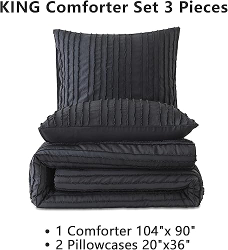 Miniatura 4 de Andency Juego de edredón negro tamaño King, 3 piezas de edredón y juegos de ropa de cama bohemio copetudo, juego de cama de microfibra suave y