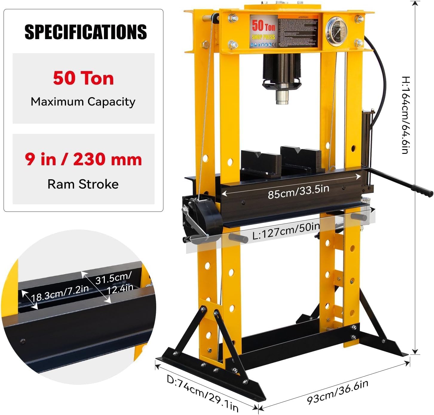 Hydraulic Shop Press, Heavy Duty H-Frame Hydraulic Press, 50 T Adjustable Height Floor Press with Press Plates for Metal Bending, Straightening & Bearing Removal, Garage Repair Tool Yellow