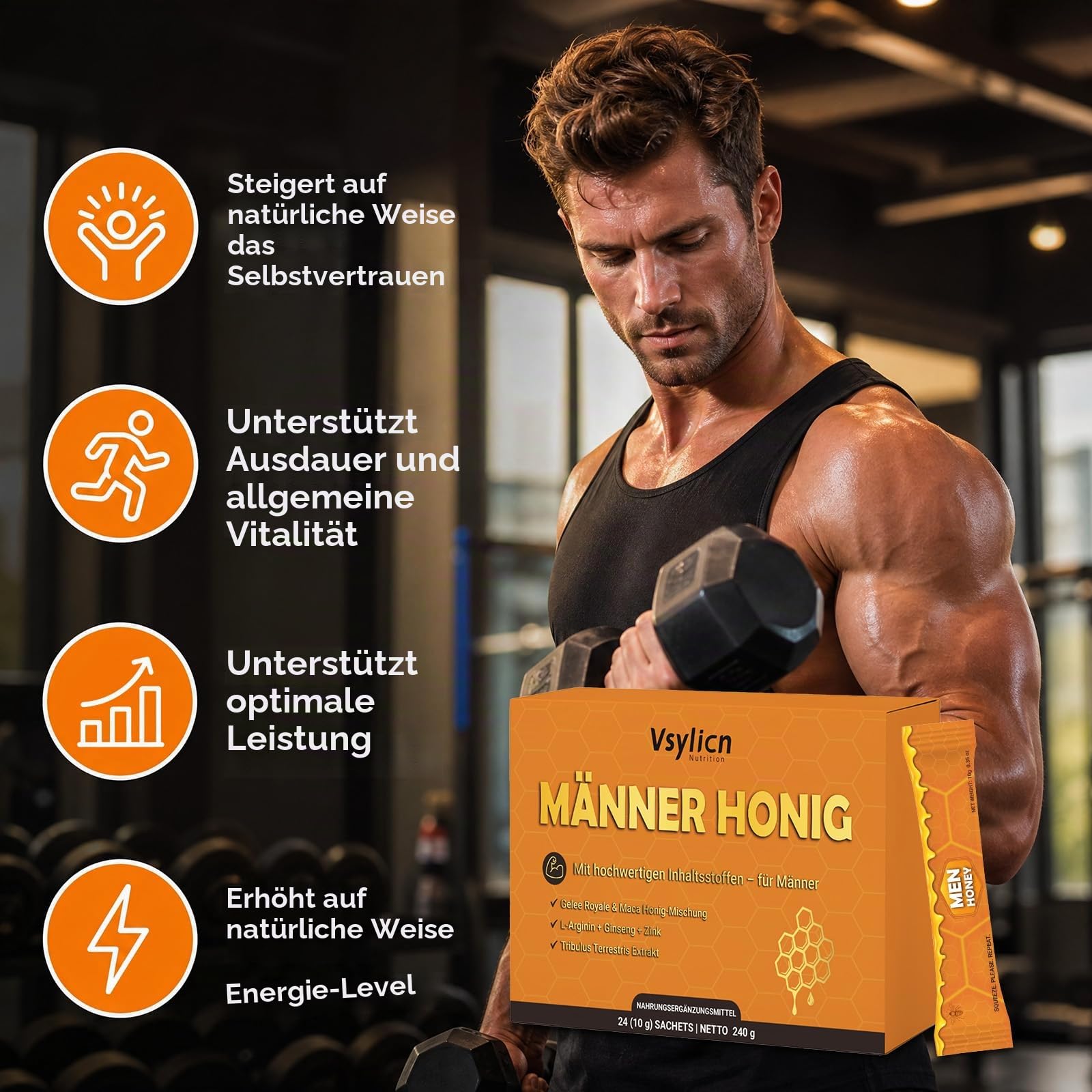 Premium Männer Honig Nahrungsergänzungsmittel, Natürliche Inhaltsstoffe mit Gelee Royale, Maca, L-Arginin, Ginseng & Zink, 24 Sachets à 10 g