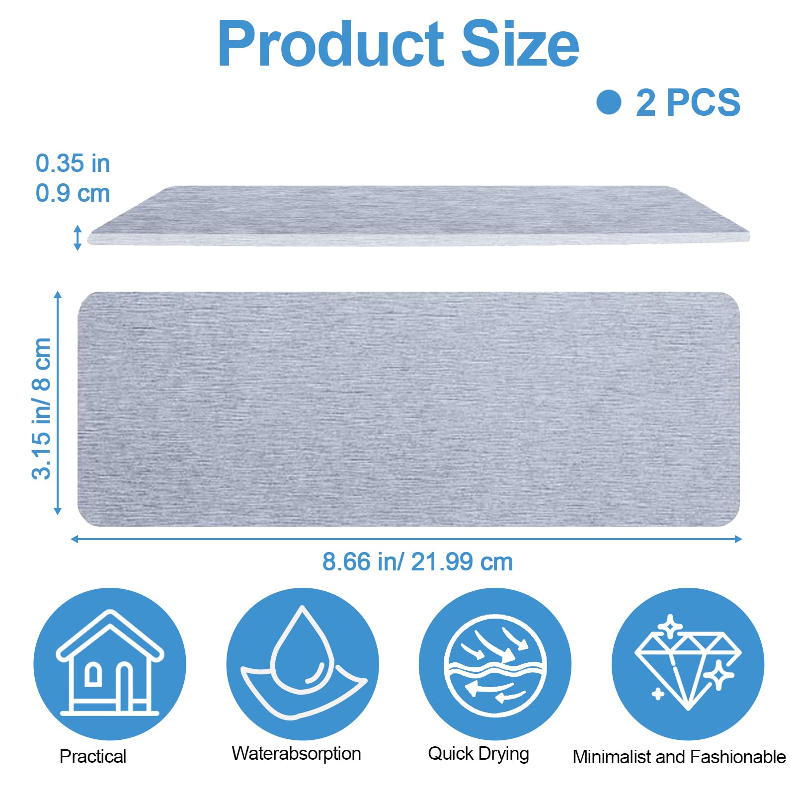 Wasserabsorbierendes Steintablett, 2 Stück rutschfeste Wasserabsorbierende Untersetzer, Sofort Schnell Kieselgur Untersetze für Schwämme, Bürsten, Seife, 22 x 8 x 0.9 cm, Grau