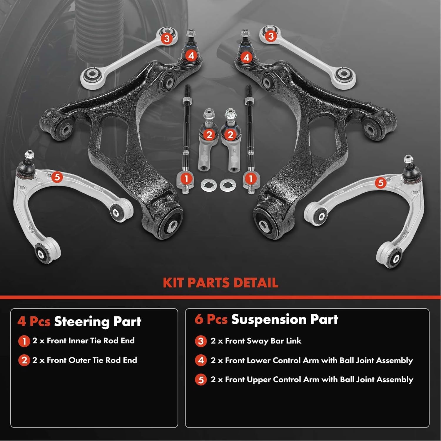 A-Premium Set of 10, Front Upper Lower Control Arm, Sway Bar Links, Inner Outer Tie Rod End, Compatible with Porsche Cayenne 2004-2006 & 2008, Volkswagen Touareg 2004-2009