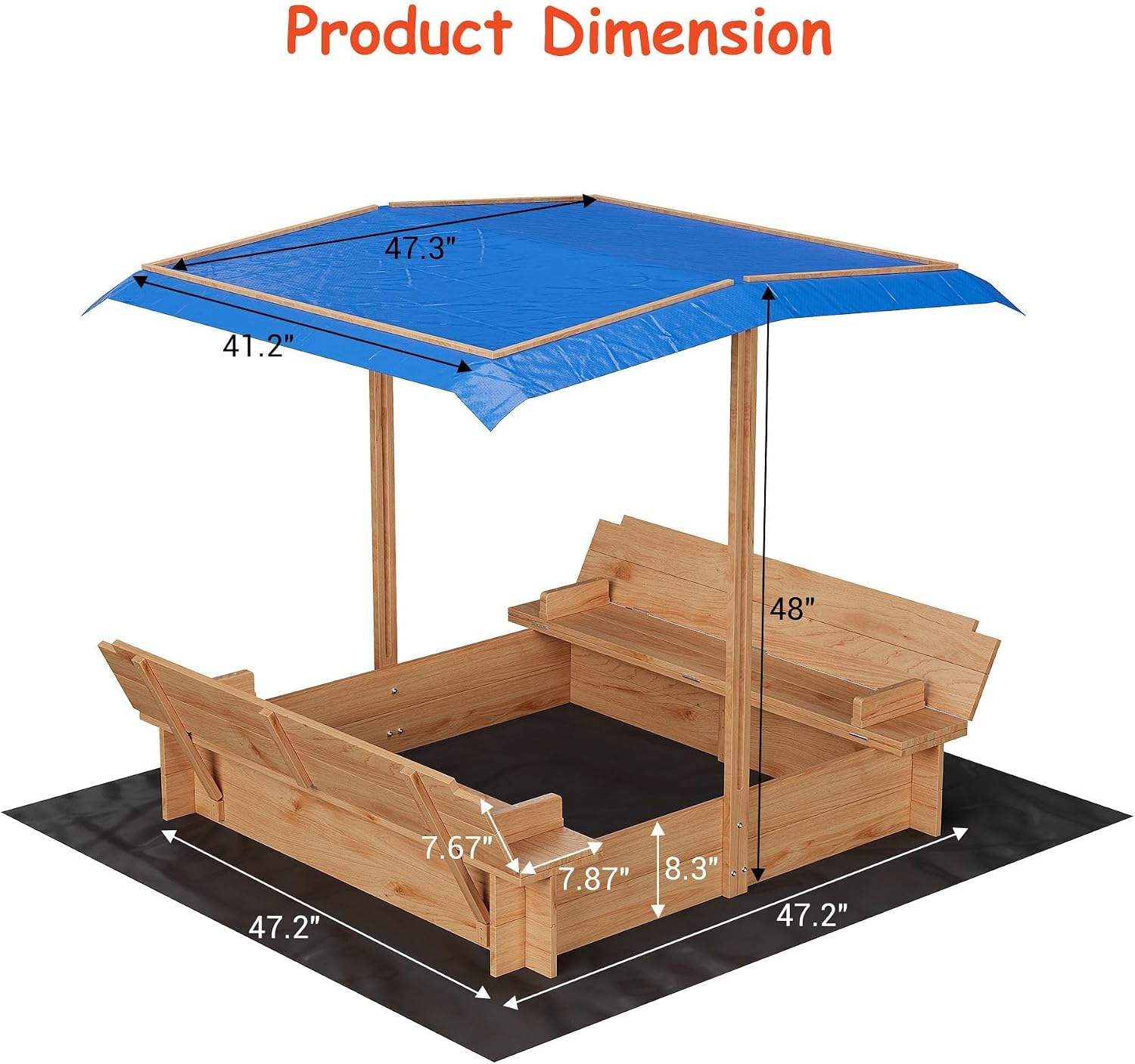 Sandbox with Cover/Lid & Retractable Canopy, Wooden Sand Box with Foldable Bench Seats and Bottom Liner for Kids/Toddlers/Children, Sand Pit for Beach/Backyard/Patio Outdoor Play