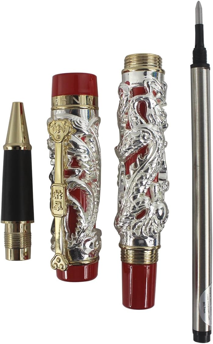 Collectible Luxury Carved Dragon and Phoenix Rollerball Pen - Silver & Red