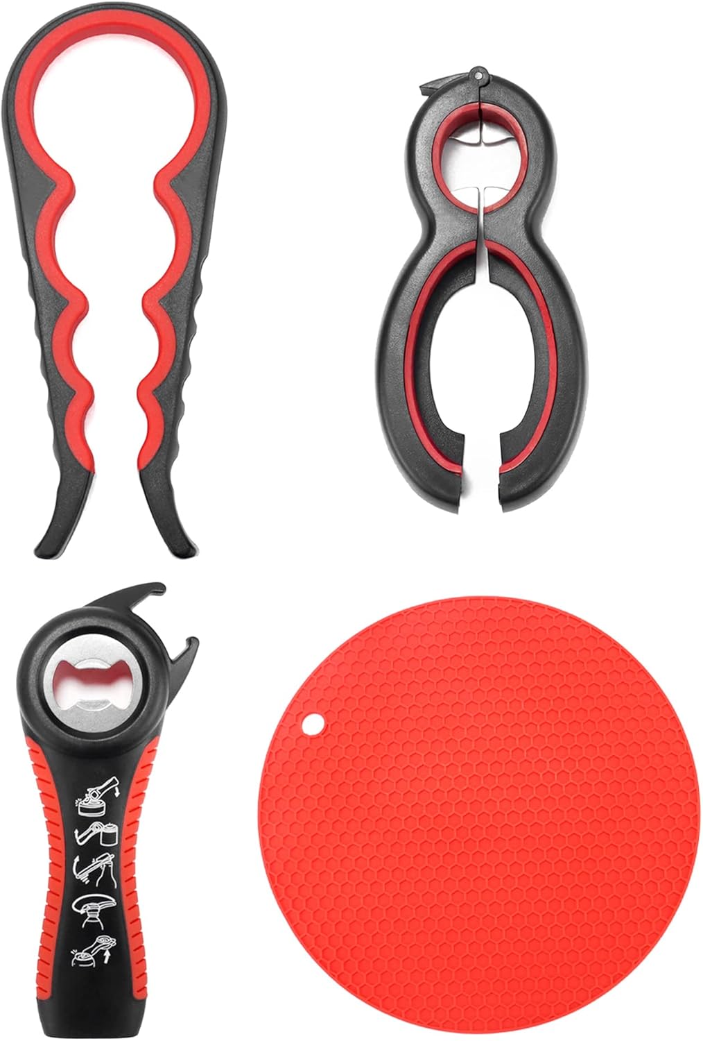QWORK® 4PCS Bottle Opener Kit, 6 in 1 Jar Opener, Bottle Opener with 5
