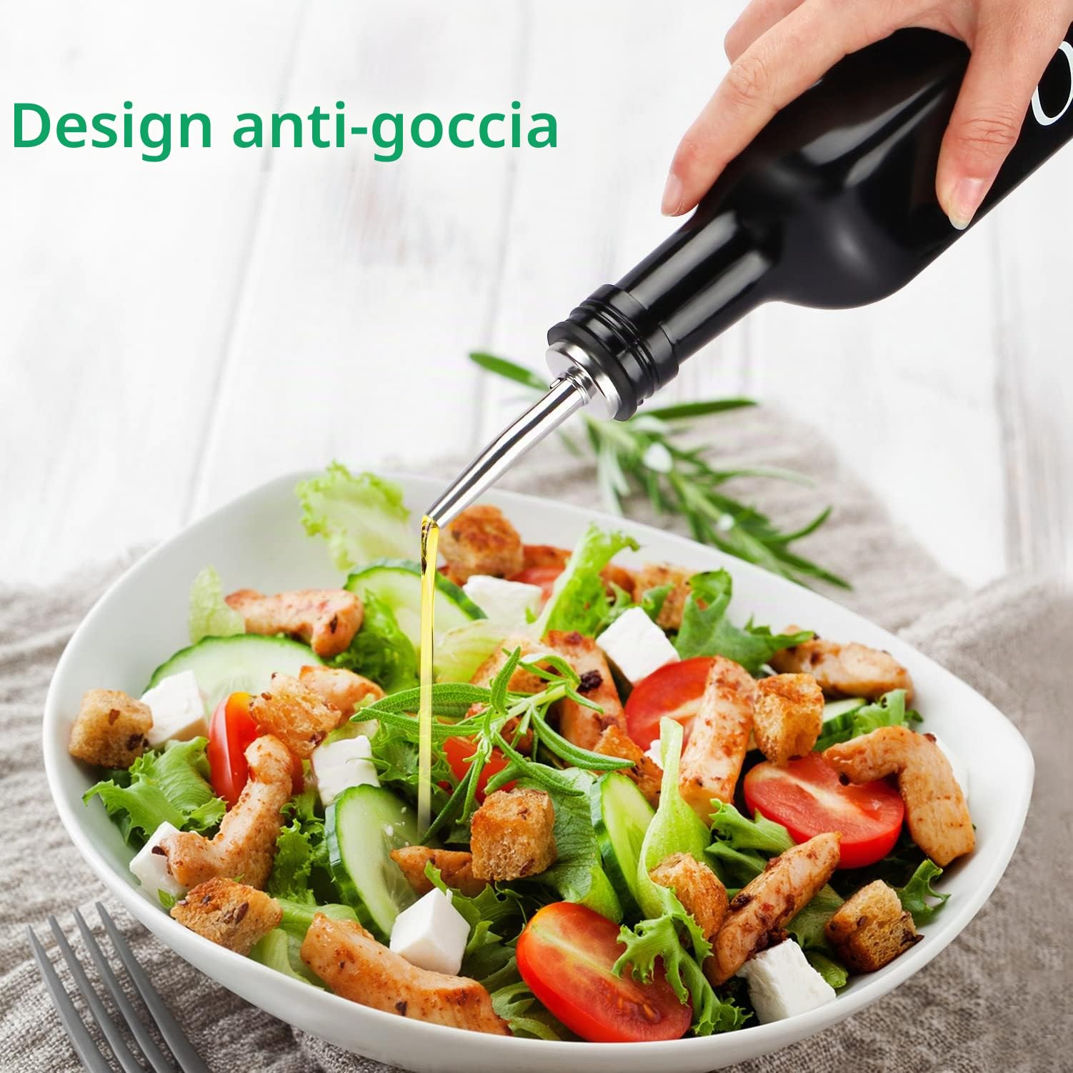DaiRen Kitchen 500ML Set di Bottiglie per Olio e Aceto in Vetro, Dispenser per Olio d'Oliva con Supporto Caddy e Beccuccio in Acciaio Inox, Nero, Set di 2 Pezzi