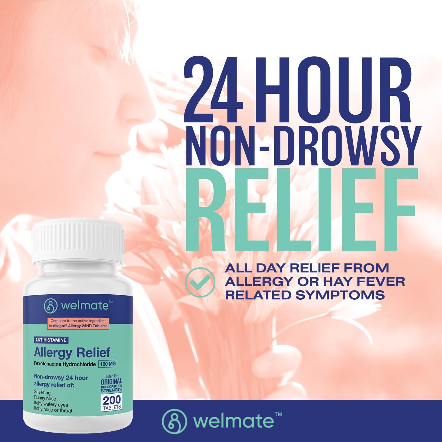 WELMATE | Allergy Relief | Fexofenadine HCl 180 mg | 24 Hour Non-Drowsy Antihistamine | Sneezing | Runny Nose | Itchy Eyes, Nose & Throat | Indoor & Outdoor Allergy Relief Tablets | 200 Count