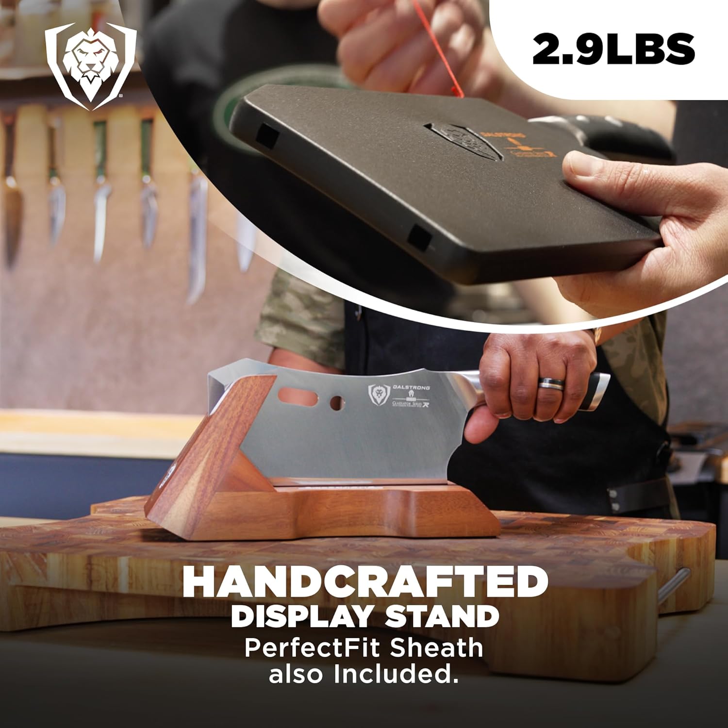 Dalstrong Obliterator Meat Cleaver Knife 9 inch - Wood Stand & Sheath - 3lbs 6mm Thick Butcher Knife - 7CR17MOV Carbon Steel - Gladiator Series R - Heavy Duty Chopping Knife - G10 Handle Chef's Knife