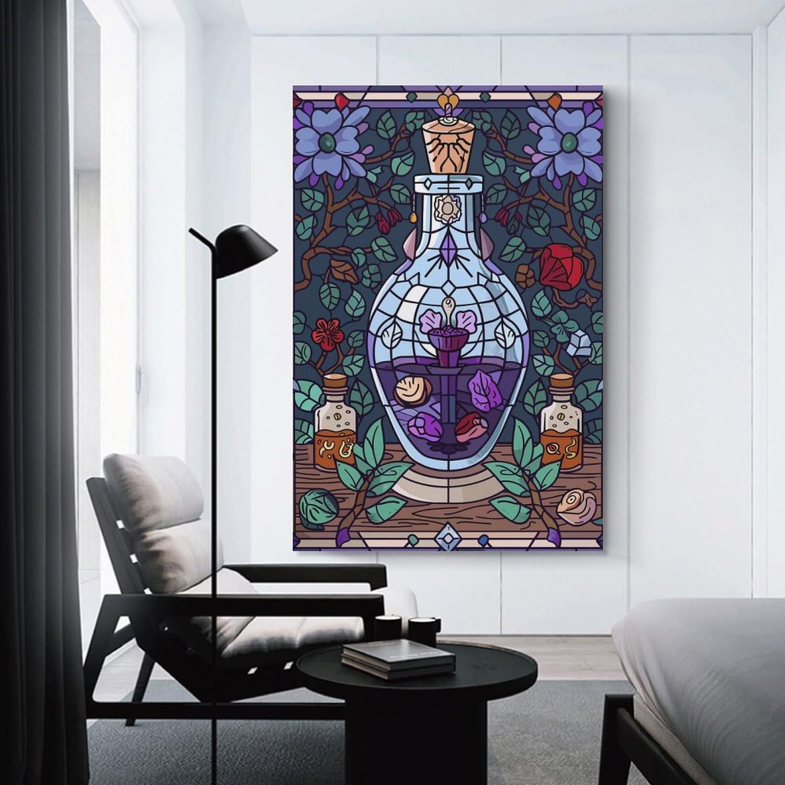 Junmoney Stained Glass Potion Bottle with Flowers Home Decor Wall Art, 12x18inch(30x45cm), for Home, Office, Studio Or Guest Room, An Adaptable Decor Piece for Home Use