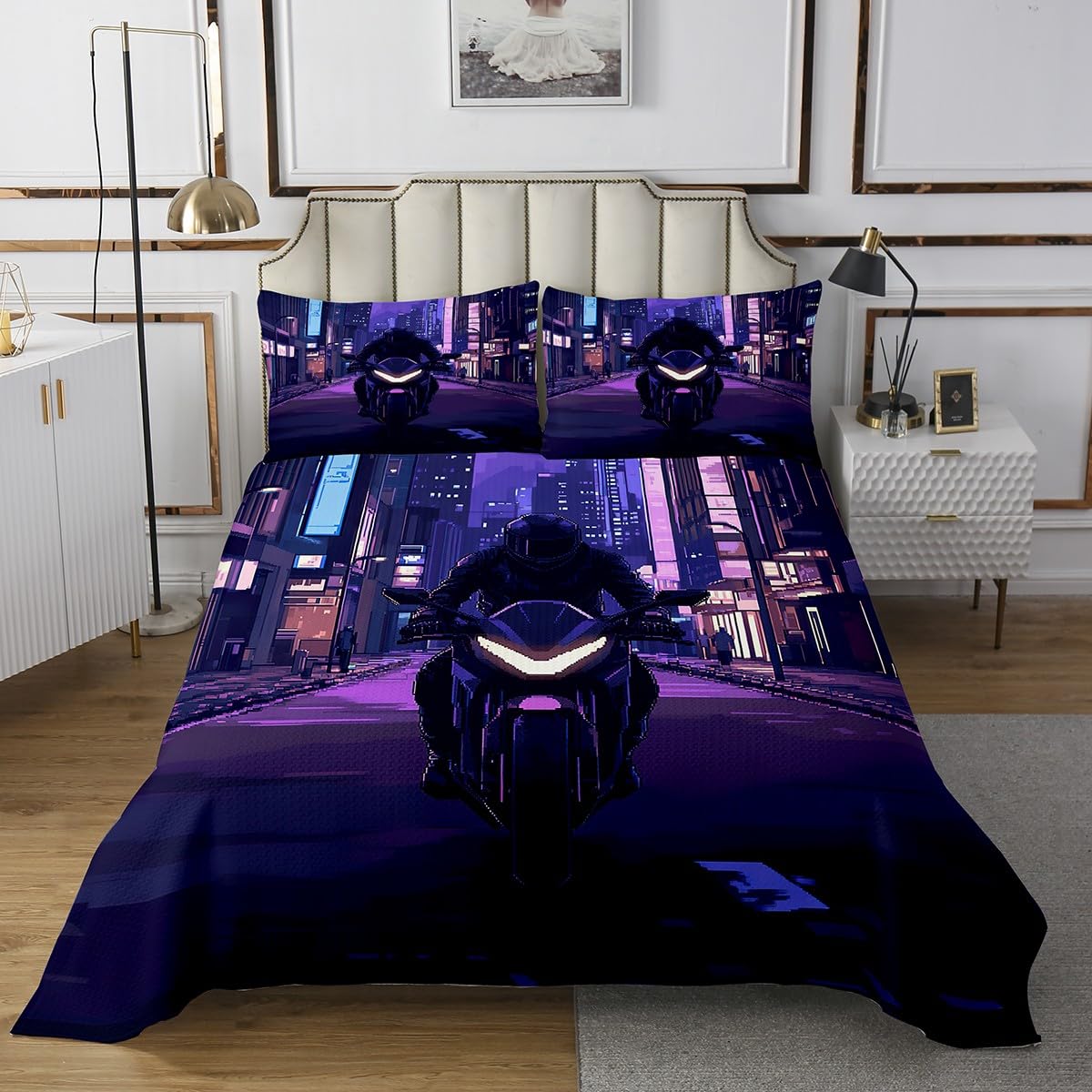 jejeloiu Kids Dirt Bike Bedspread Extreme Sports Coverlet Set King Size for Boys Racing Motocross Rider Coverlet Motorcycle Purple