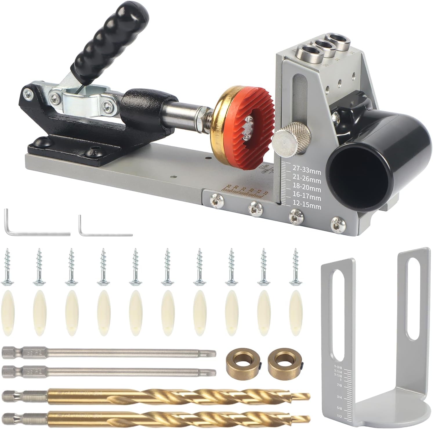 Pocket Hole Jig Kit, New Version One-Side Operation, Precision 15° Drilling, Pocket Screw Jig with 3/8" Step Drill Bit, Depth Stop Collar, Adjustable Thickness, Perfect for Woodworking Joinery