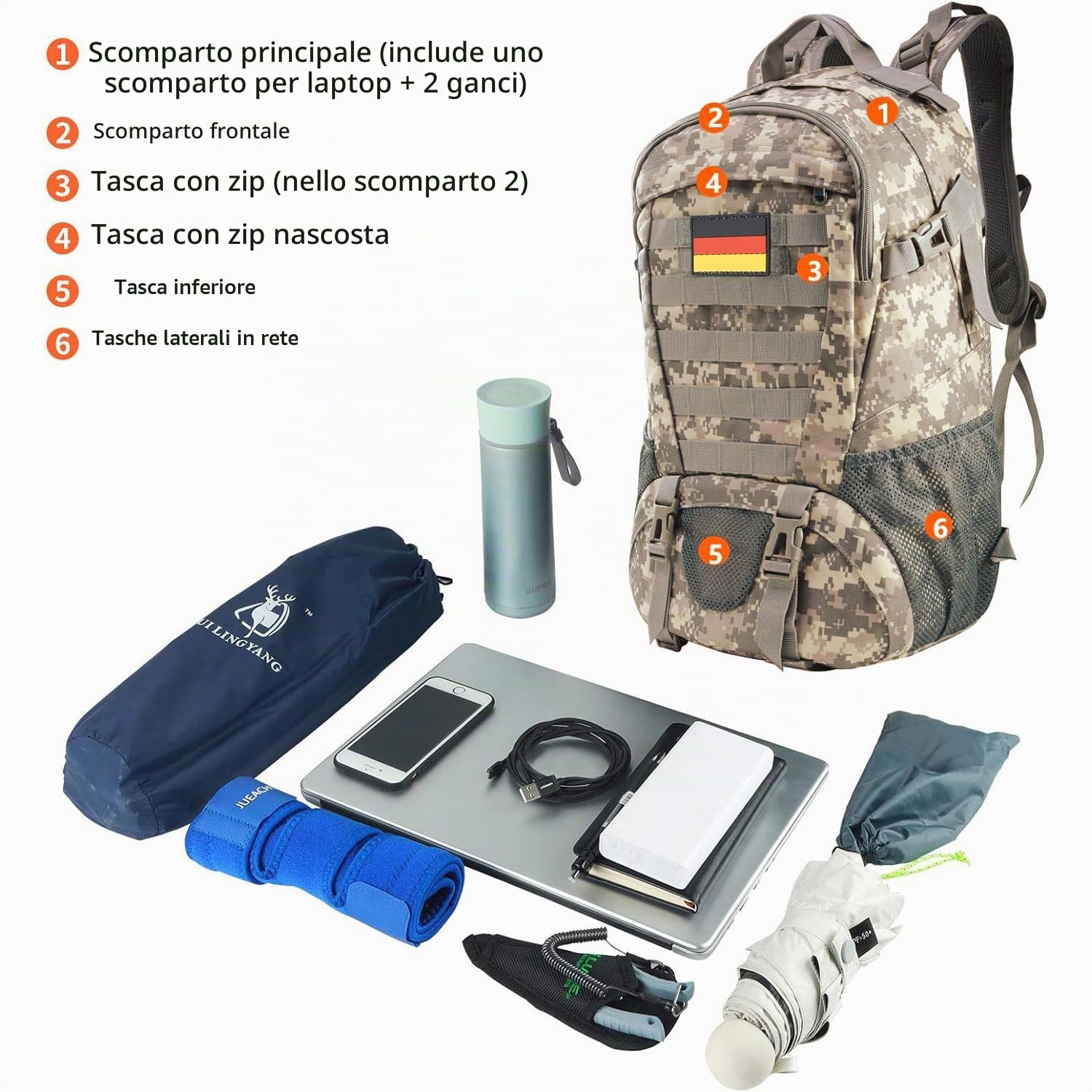 Jueachy Zaino militare da uomo, 30 l, impermeabile, Molle Tactical Backpack militare, grande capacità, zaino tattico per attività all'aria aperta, escursionismo, viaggi, campeggio