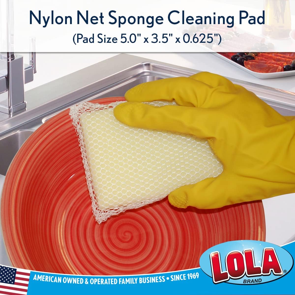 LOLA Nylon Net Sponge Cleaning Pad, 144 Pack, Non Scratch Scrubbers, Safe on Non-Stick Surfaces & Coated Cookware & Dishes - Gentle Effective Cleaning