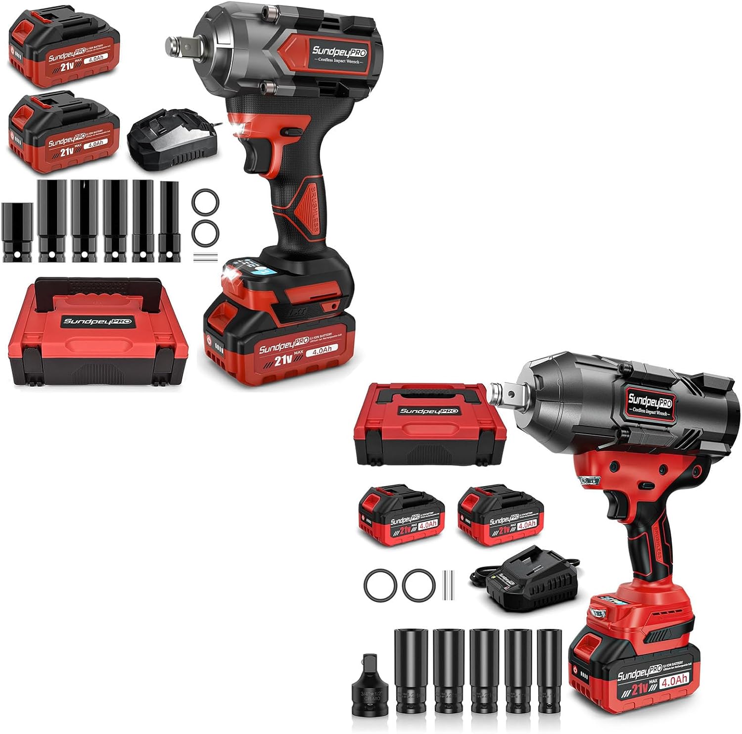 Cordless Impact Wrench (750Ft-lbs + 1600Ft-lbs) - Each with 2 x 4.0Ah Batteries & Charger & 5 Sockets & Case
