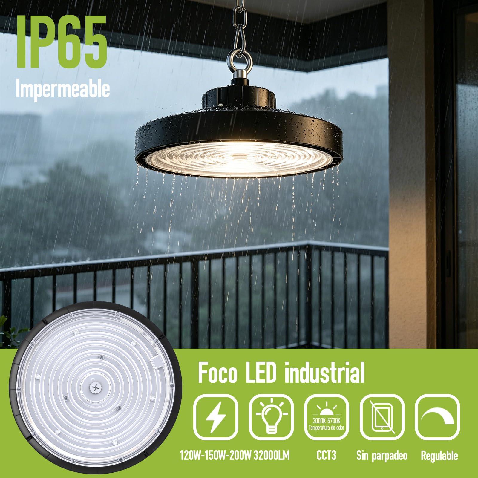 200W UFO LED Lámpara de Alta Bahía 32000LM Campana Led Industrial CCT Regulable 120W/150W/200W Focos Led Interior Techo IP65 Impermeable 60-110º Para AlmacénGaraje Fábrica Taller