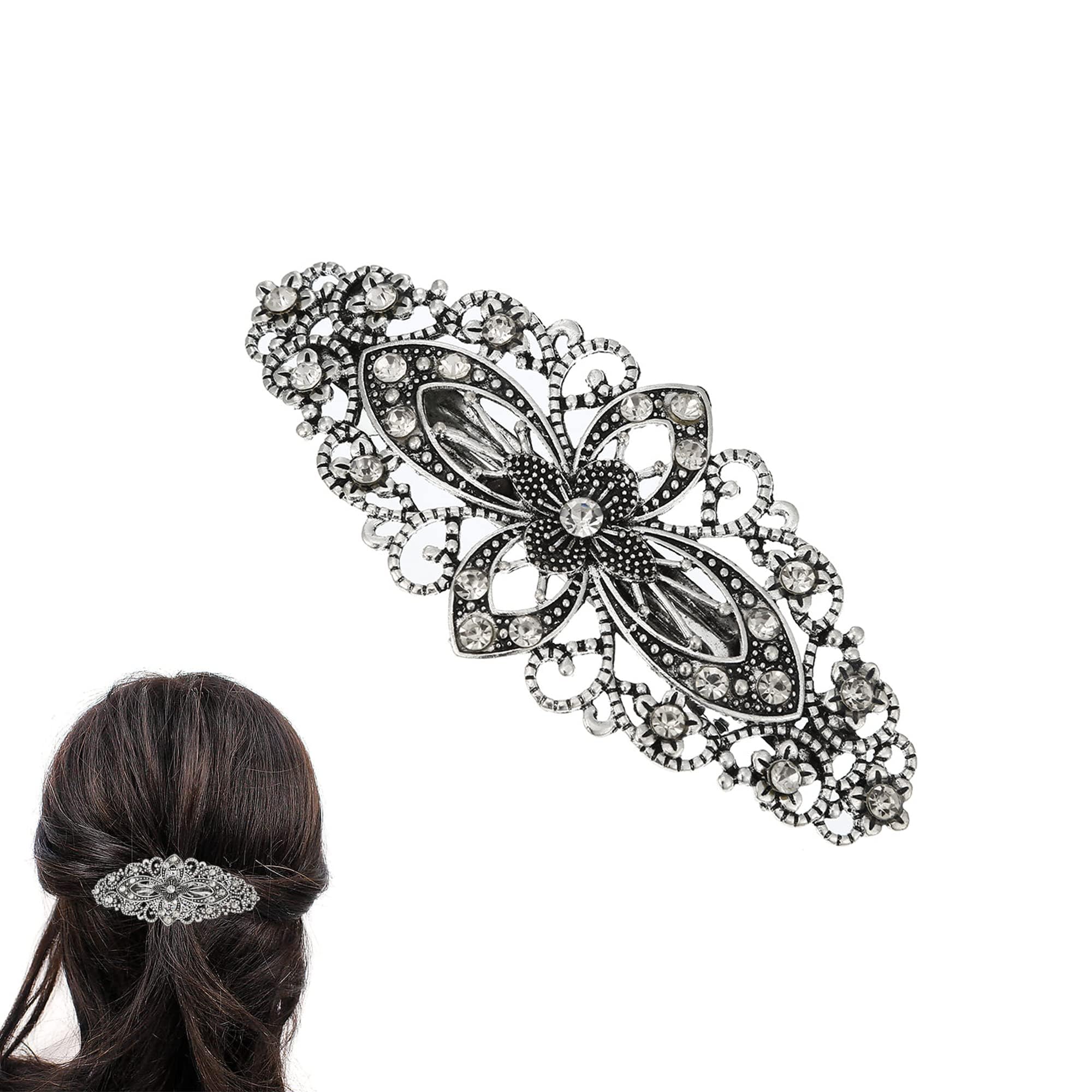 Vintage Flower Hair Barrette Hair Slides, Antique Style Hair Clips for Women Jewellery, Sparkly Silver Hair Clip Hair Accessory Crystal Grips for
