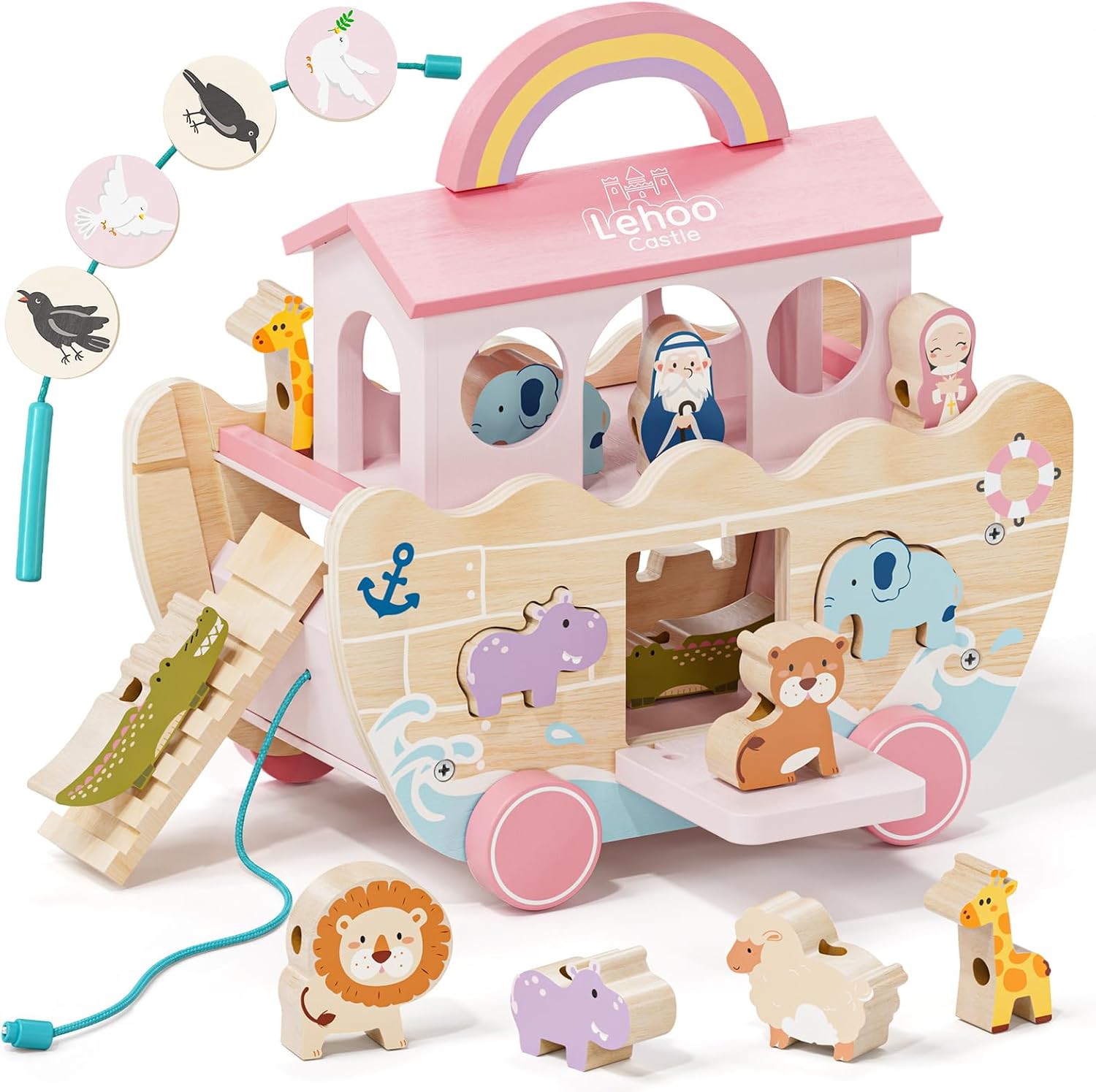 Lehoo Castle Pink Wooden Noah's Ark Toy for 1 Year Old Girl, Baptism Gift