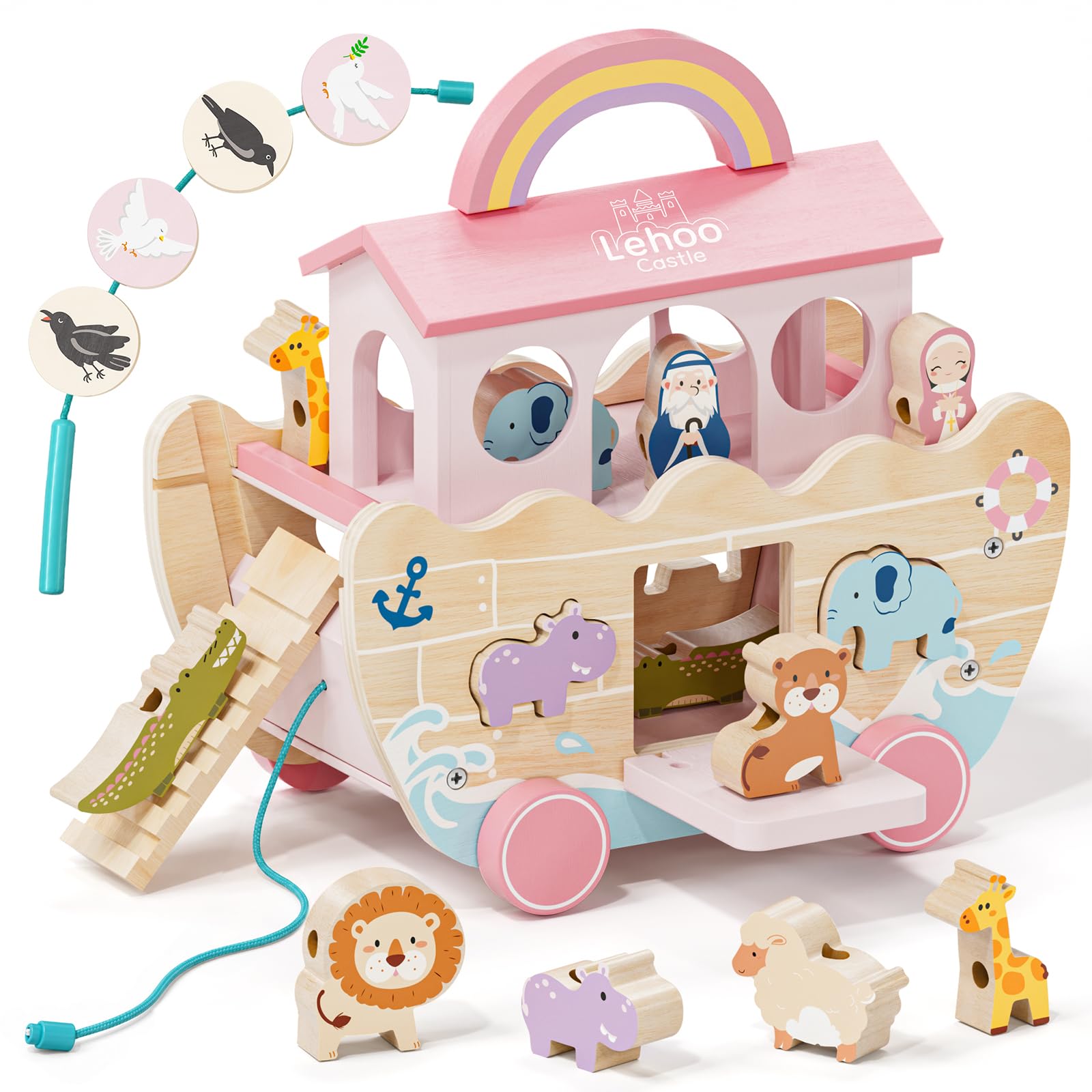 Lehoo Castle Noahs Ark Wooden Montessori Toy, Christening Gift for Girl 1+
