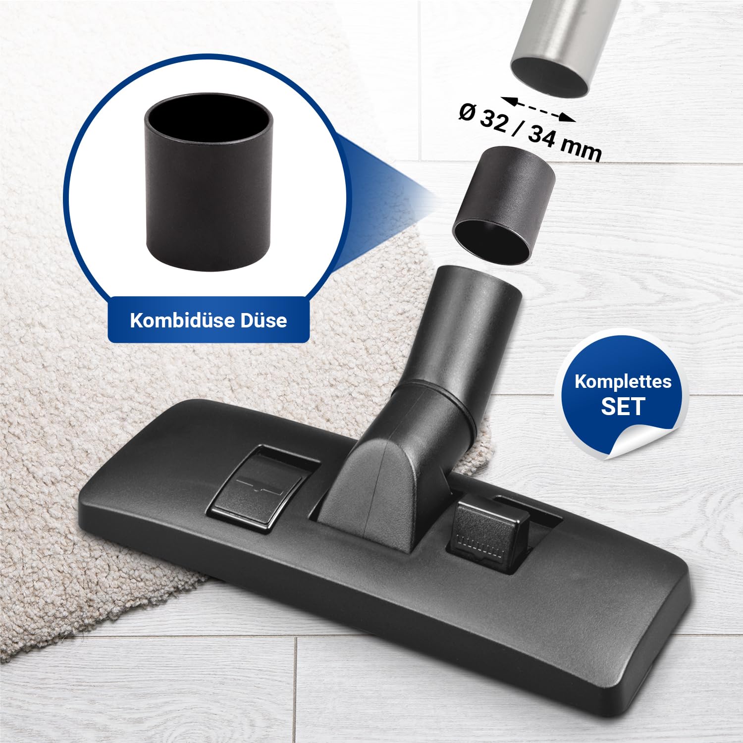 VIOKS Brosse de sol pour aspirateur avec adaptateur de raccordement pour tube de 32/34 mm de diamètre | Brosse d'aspirateur universelle compatible avec Miele, Siemens, Philips, Bosch, Kärcher