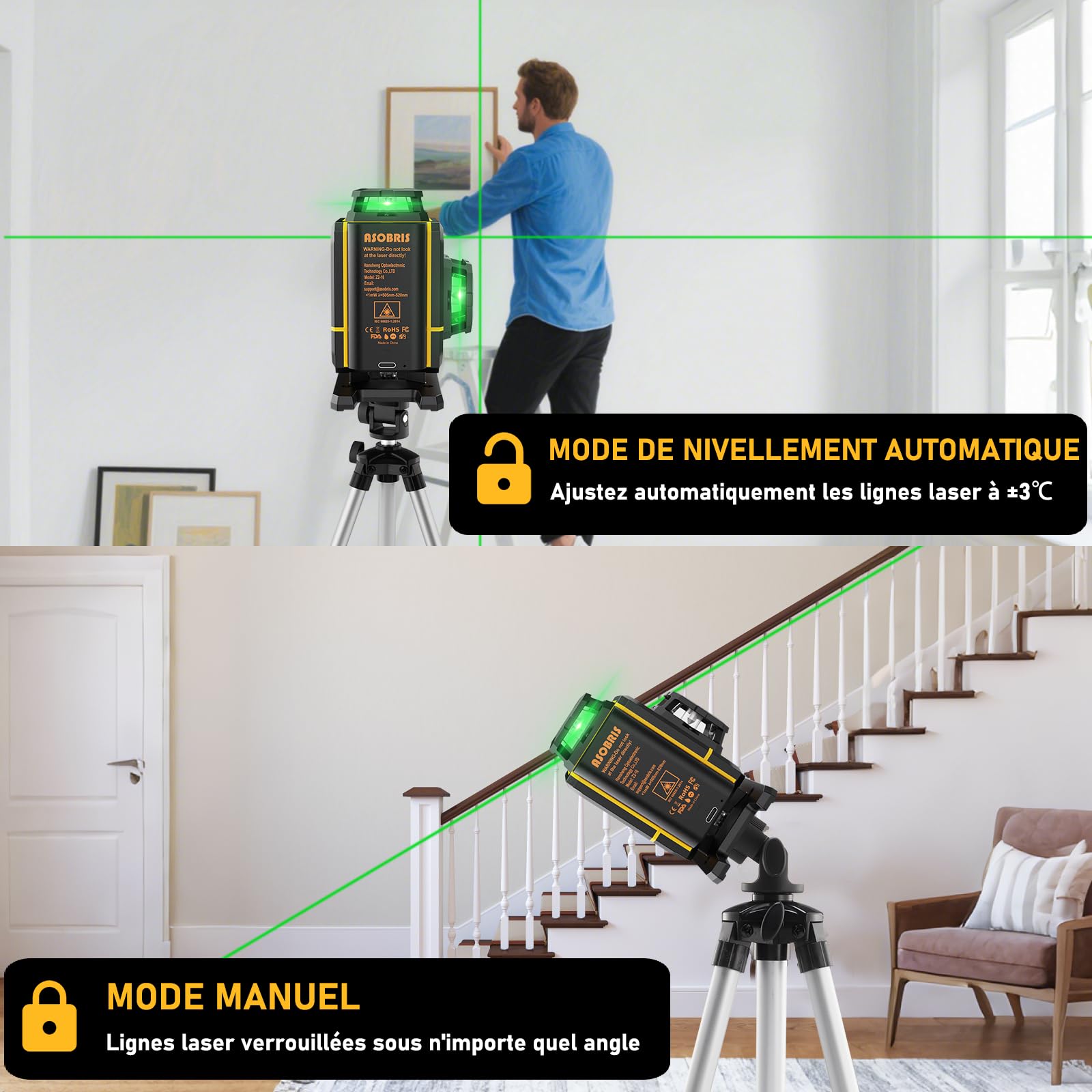 Niveau Laser avec Trepied 360° x 4,ASOBRIS 4D 16 Lignes Laser Chantier Autonivelant,Lazer Niveaux Vert Laser Exterieur,Laser Niveau 2x2400mAh Batterie,Support Rotatif Télécommande Mode Impulsion