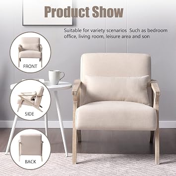 INZOY Mid Century Modern Accent Chair Set of 2 with Wood Frame, Upholstered Armchair with Waist Cushion, Accent Chair for Living Room Bedroom Apartment, Easy Assemble, Beige