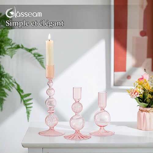 Glasseam Pink Glass Candlestick Holders: 3 Pcs Candle Sticks Holder - 4