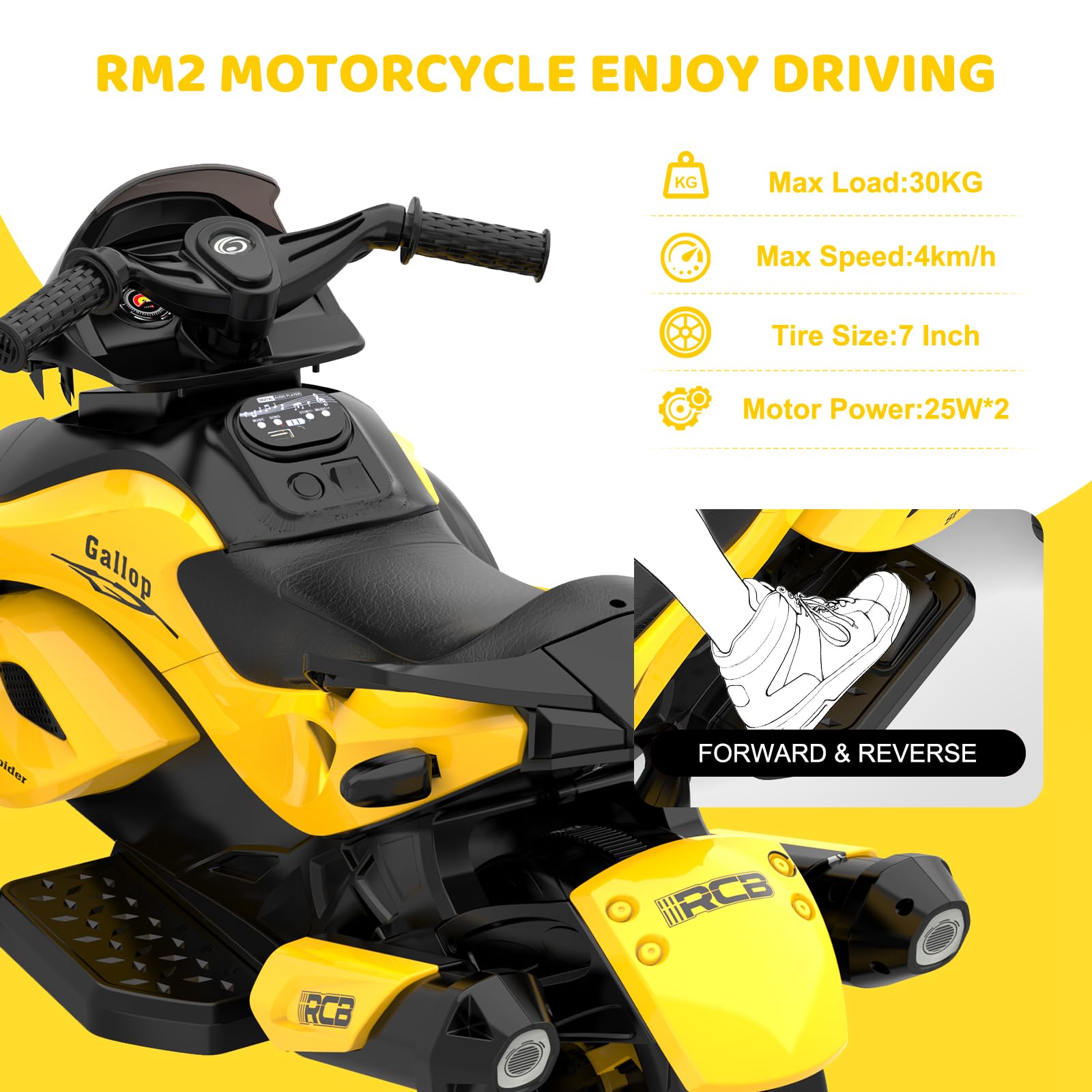 RCB 12V Moto Elettrica Bambini, Moto Elettrica con 2 Motori, Velocità 4 km/h, Luci LED, Connessione USB, Musiche Multitipo per l'Apprendimento Precoce, la Migliore Moto Cross Bambino dai 3 agli 8 Anni