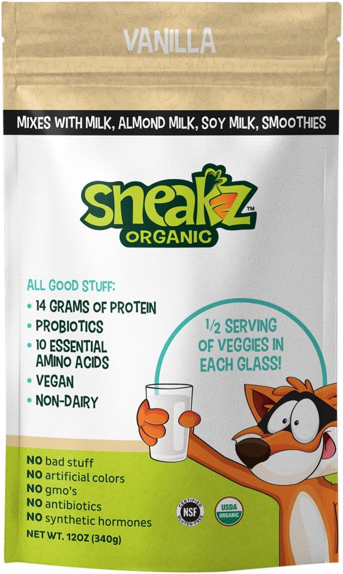 Sneakz Organic Vanilla Smoothie Mix, 1/2 Serving Of Vegetables, 16 grams Pea Protein, Probiotics, USDA Organic, Vegan, No-GMO, Kosher, Gluten Free, 10 Servings