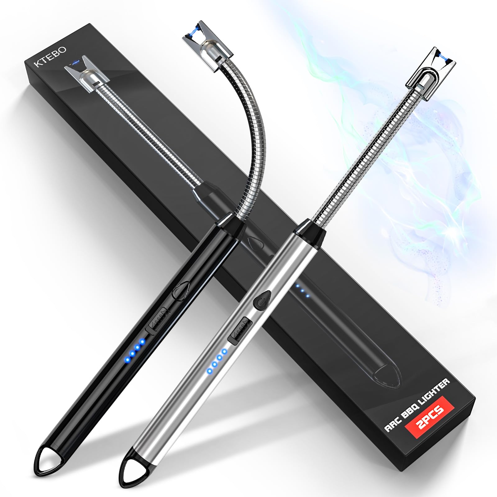 KTEBO® 2 Pack Plasma Arc Electric Lighters Rechargeable - USB Long Reach for Scented Candles, BBQ Grill &Camping - Windproof Design Lighters-Black and Silvery