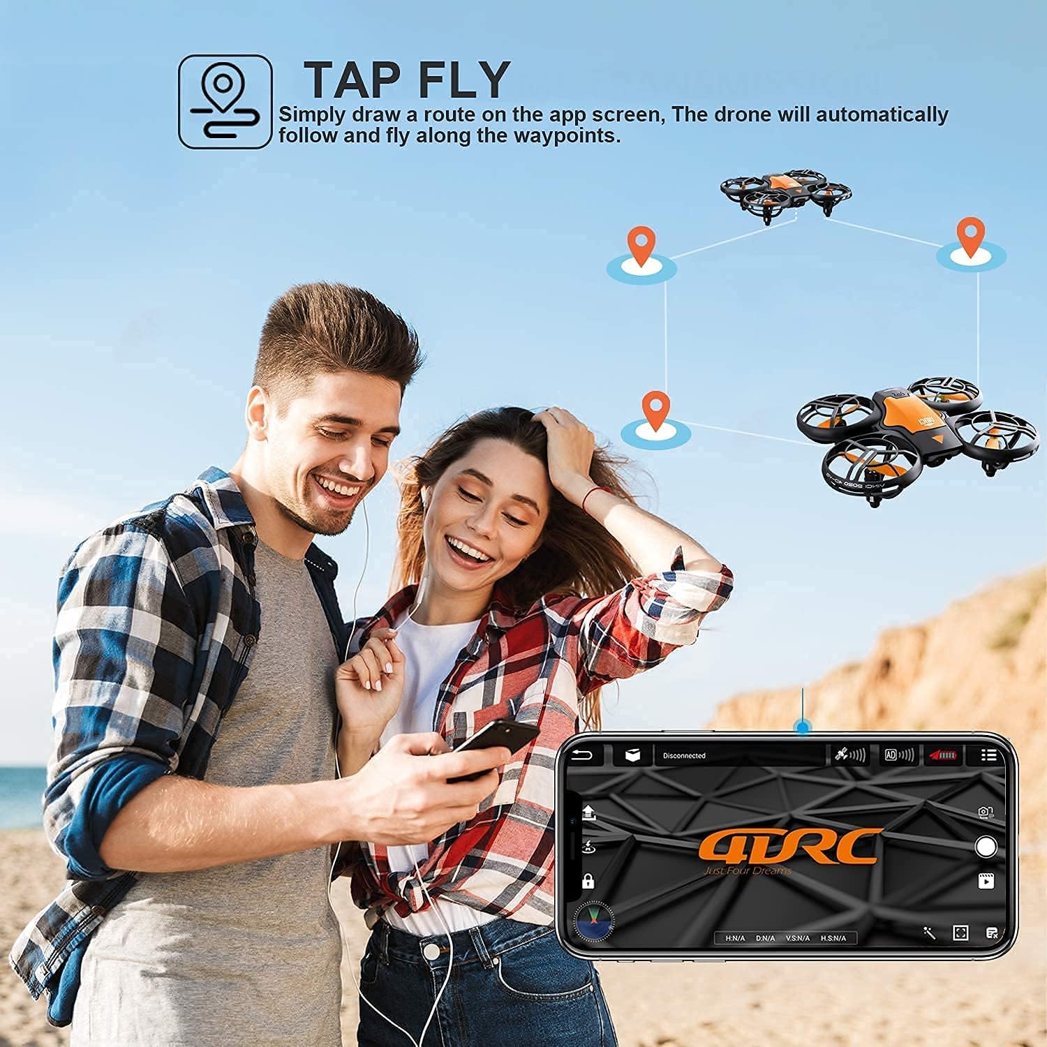 People using the Tap Fly feature on a smartphone to control the drone's flight path