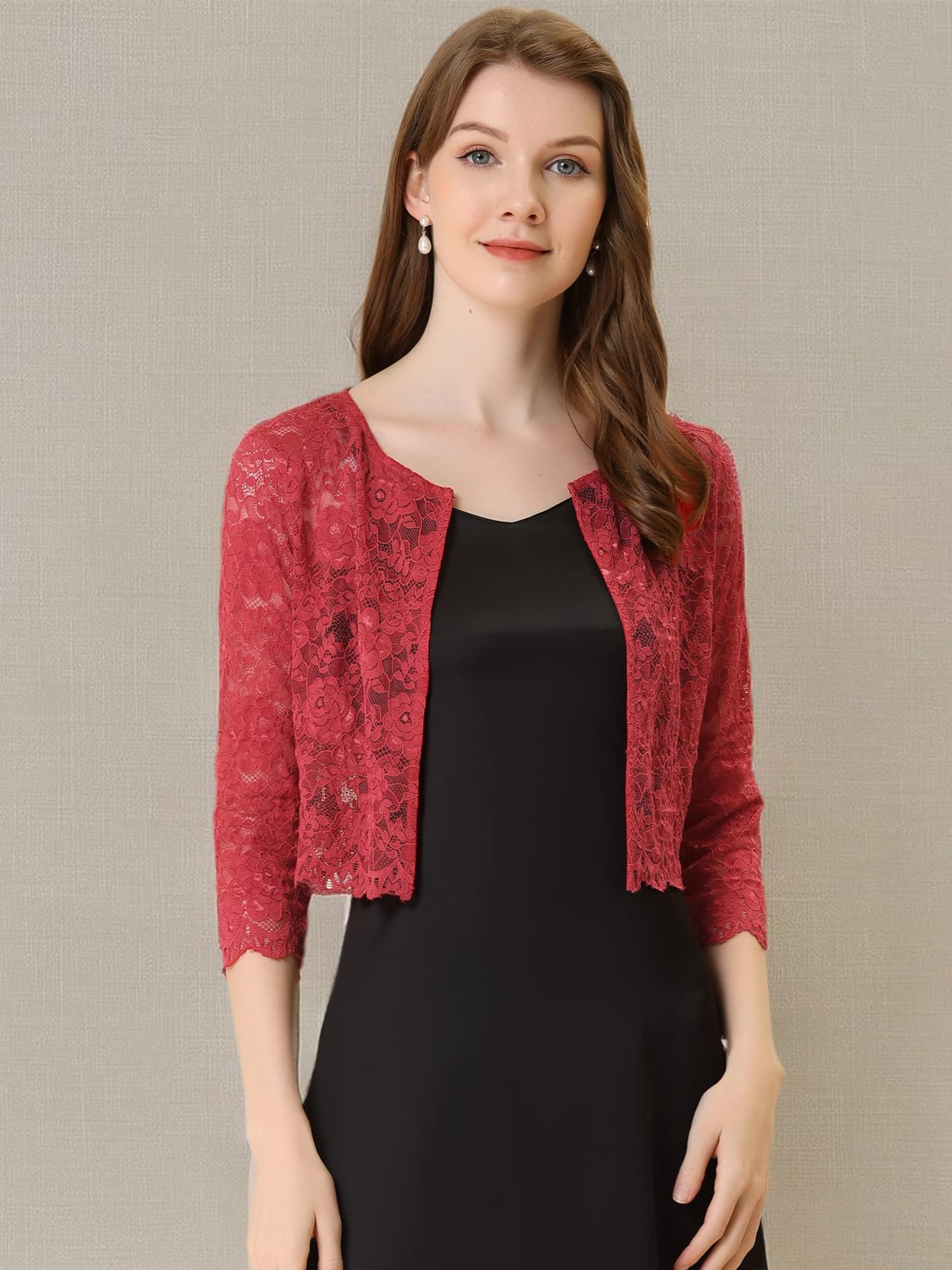 Allegra K Boléro court élégant en dentelle florale pour femme, Rouge, Taille XL