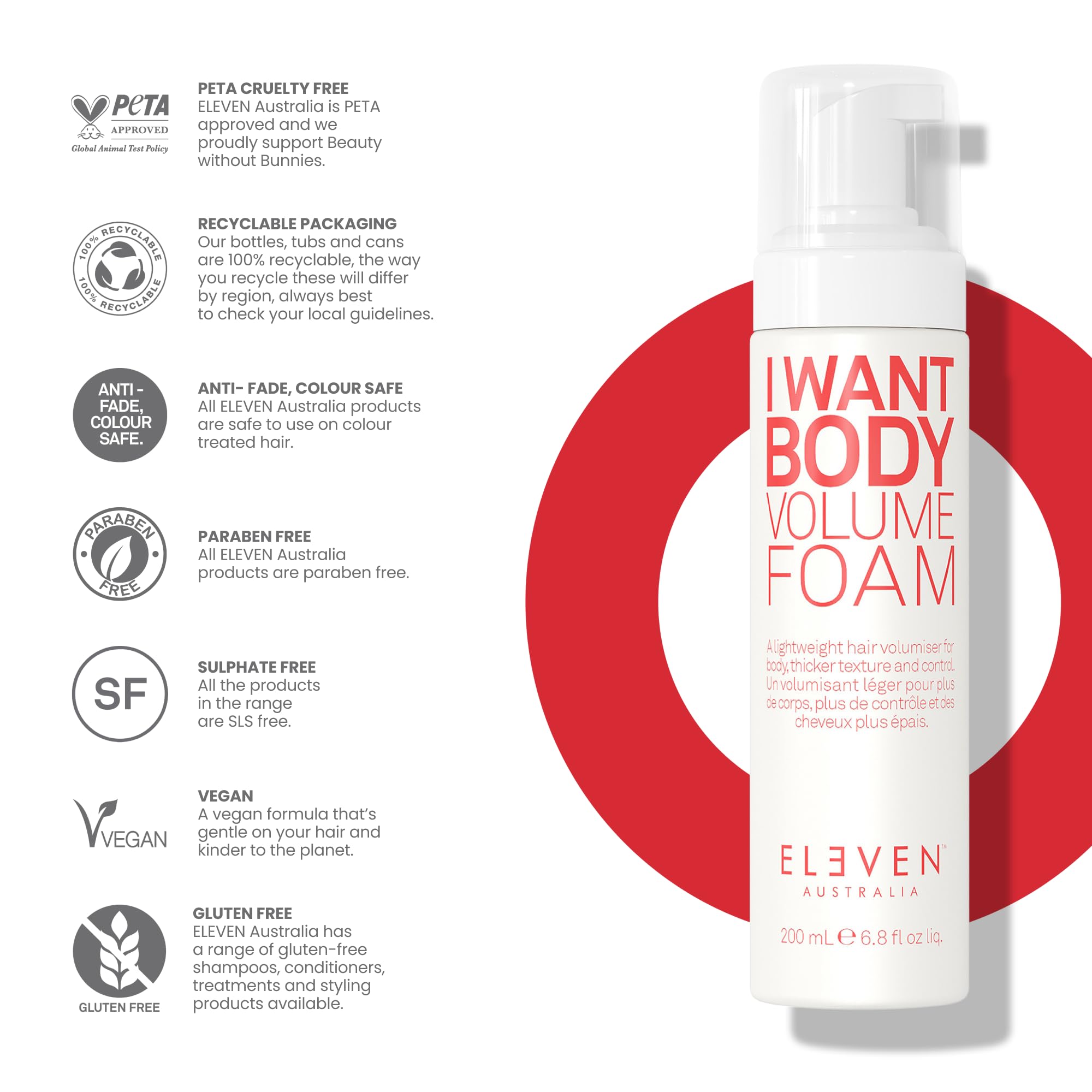 ELEVEN AUSTRALIA I Want Body Volume Foam - Mousse légère pour le coiffage, pour femmes et hommes, apporte volume, soulèvement et texture, idéal pour les cheveux fins à moyens - 200 ml