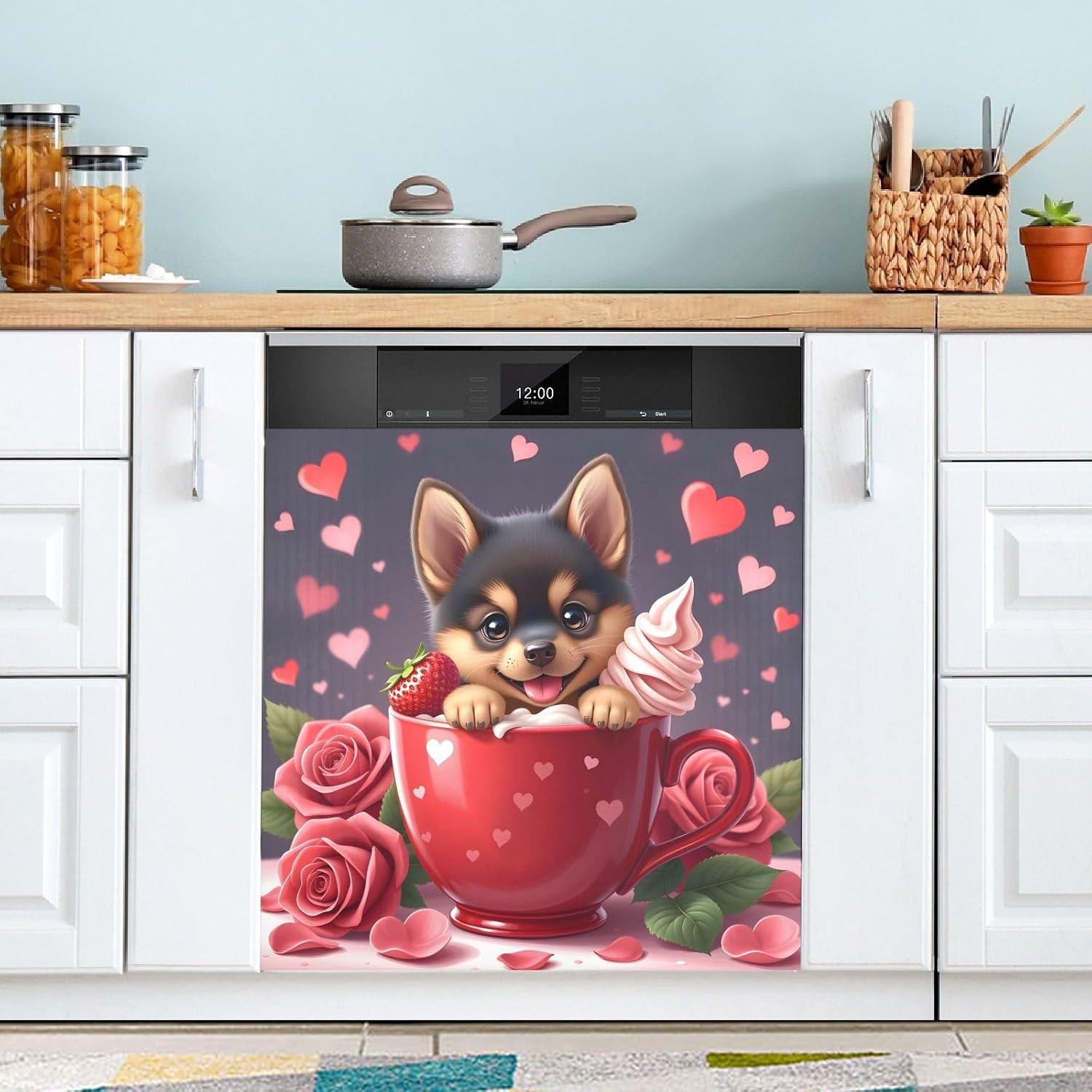 Dishwasher Magnet Cover Large Magnetic Stickers Rose Cup Puppy Front Dishwasher Cover Reusable Decal for Home Kitchen Refrigerator Decorative Lid Washing Machine Laundry